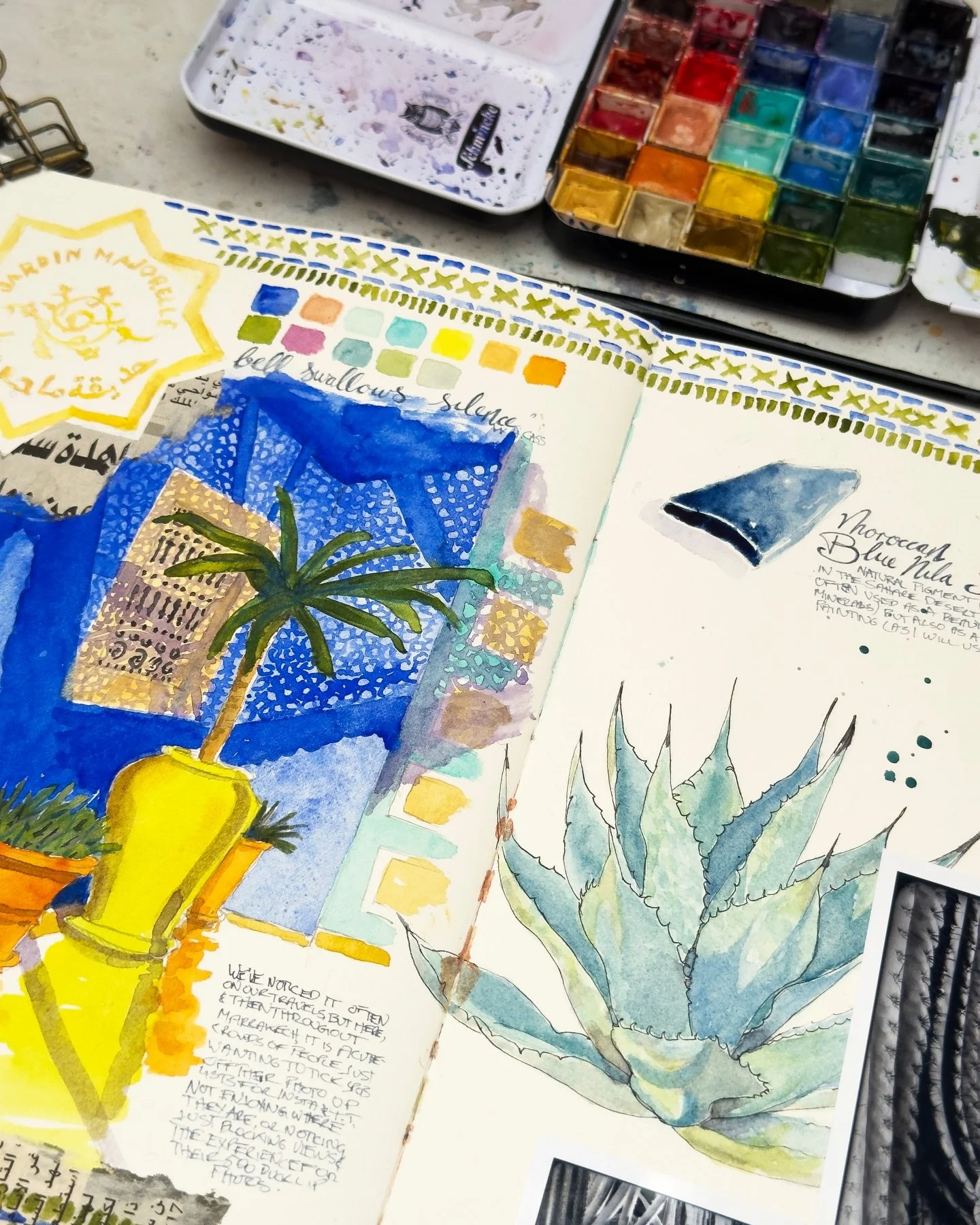 Today while I was editing the last lessons for Travel Vignettes Travel &lsquo;25 Edition I realized I hadn&rsquo;t shared this spread from Marrakech. We visited Jardin Majorelle, beautifully laid out gardens, gorgeous colours and light. I think the w