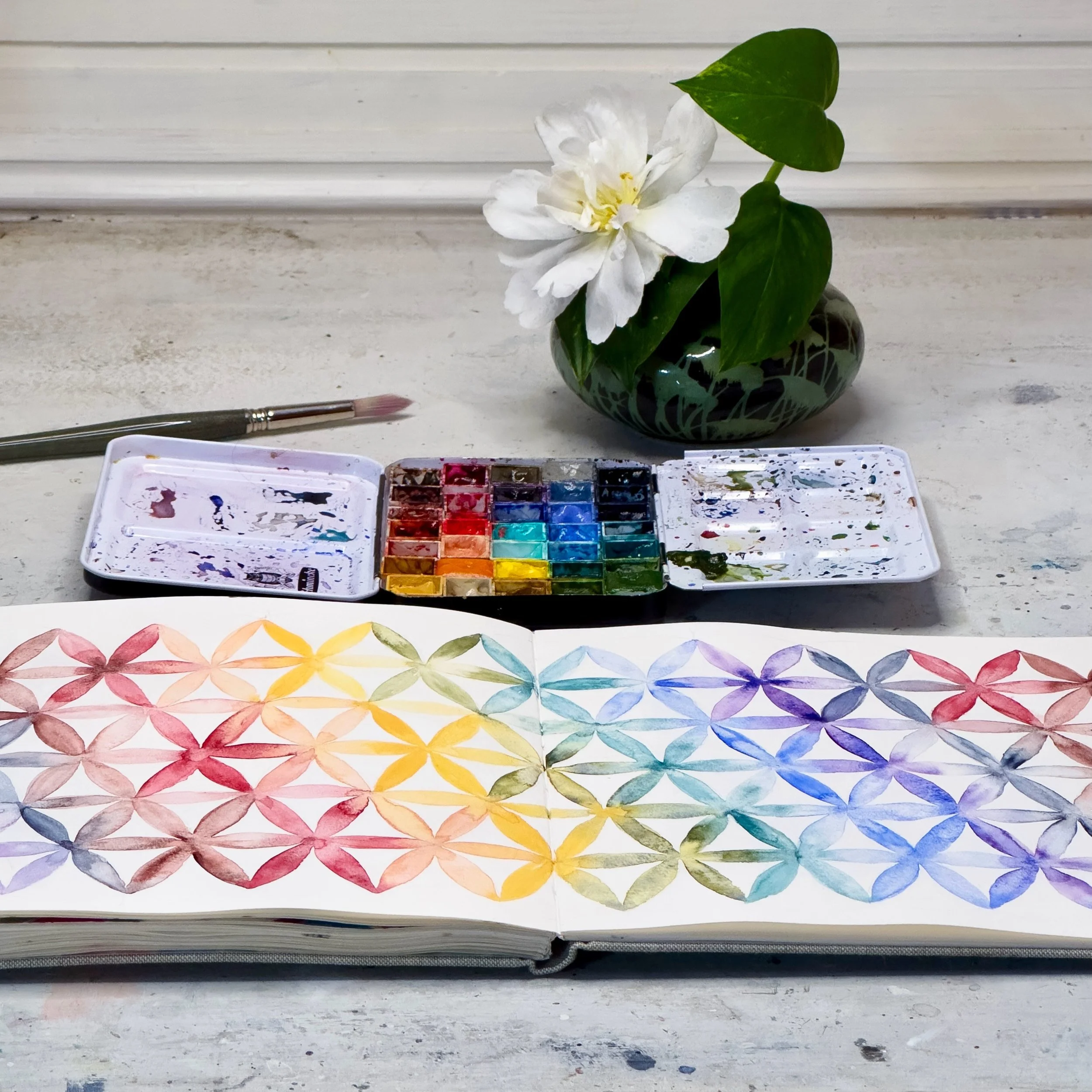 A watercolour meditation, made on my lap.

This one was from the weeks of the sprained ankle &mdash; sketchbook balanced, palette balanced, patience occasionally tested. But there&rsquo;s something to be said for working without a proper surface. It 
