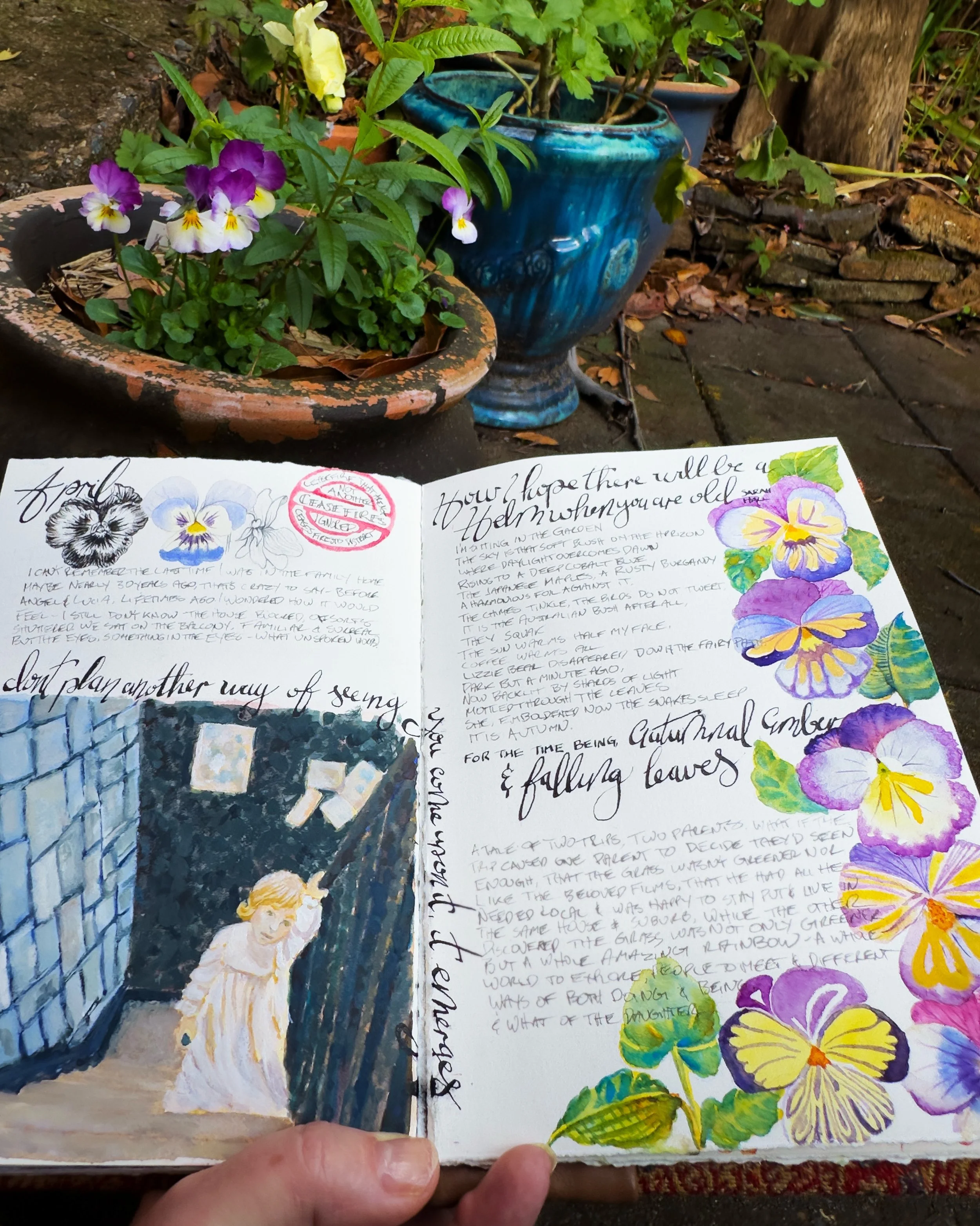 April. Mostly at home, quiet, working, reading, being in Autumnal sun.

The ankle still insisting on its own timeline, the garden doing what gardens do with a bit of tending &mdash; pansies and violas tumbling out of pots, purples and yellows and tha