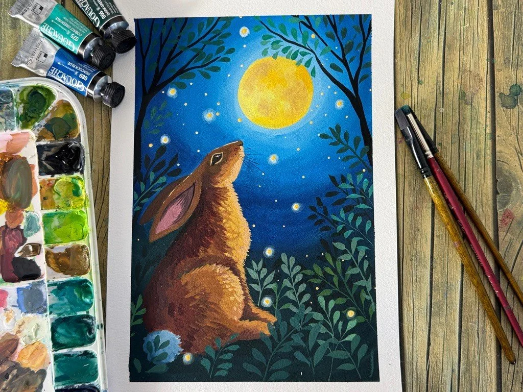 Now in the Make Create Express 26 workshop a gorgeous lesson with Lucy Brydon:⁠
⁠
Moongazing Hare⁠
⁠
Paint a cute moongazing hare in gouache, celebrating the wonders of nature. A step up from the mushroom lesson, repeating and enhancing those skills 