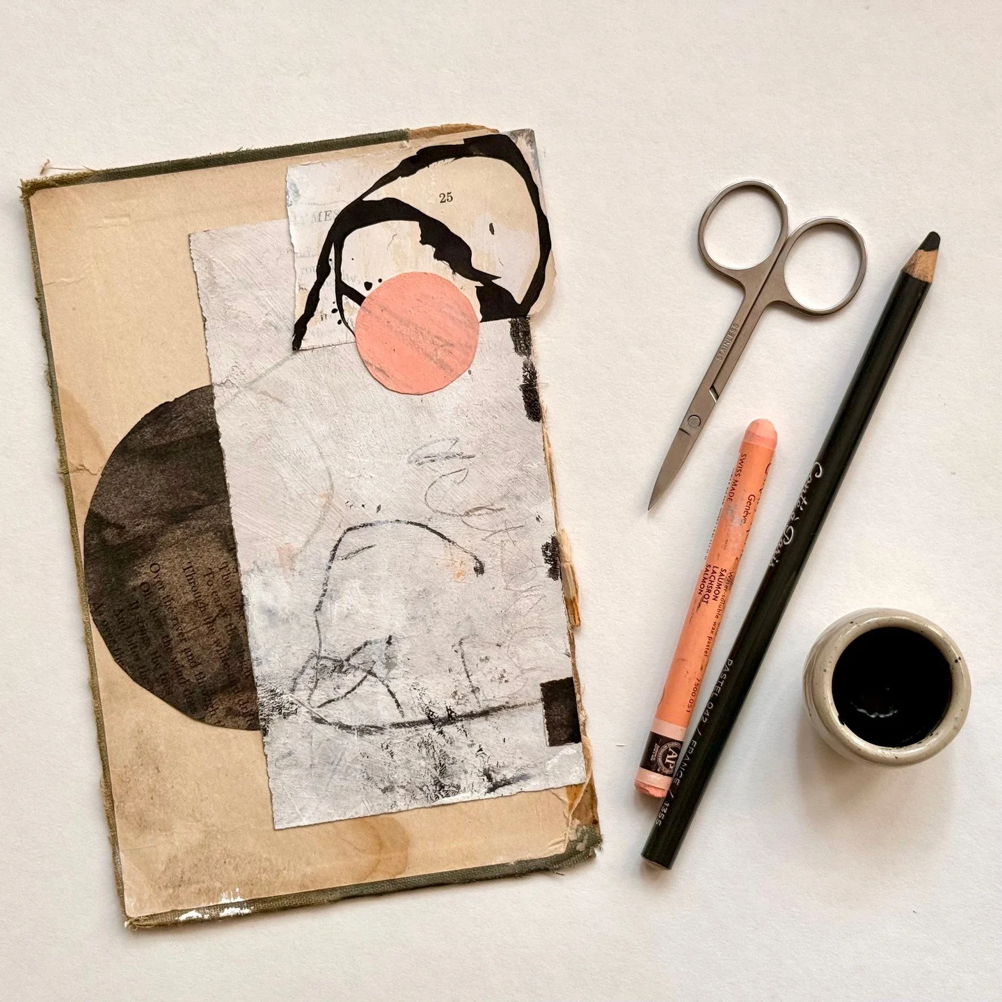 Now in the classroom: Unbound with Holly McLaughlin⁠
⁠
Build a minimal, textural collage on the unexpected surface of a deconstructed vintage book board. Working in a limited, neutral palette, layer handmade and vintage papers, lean into distressing 
