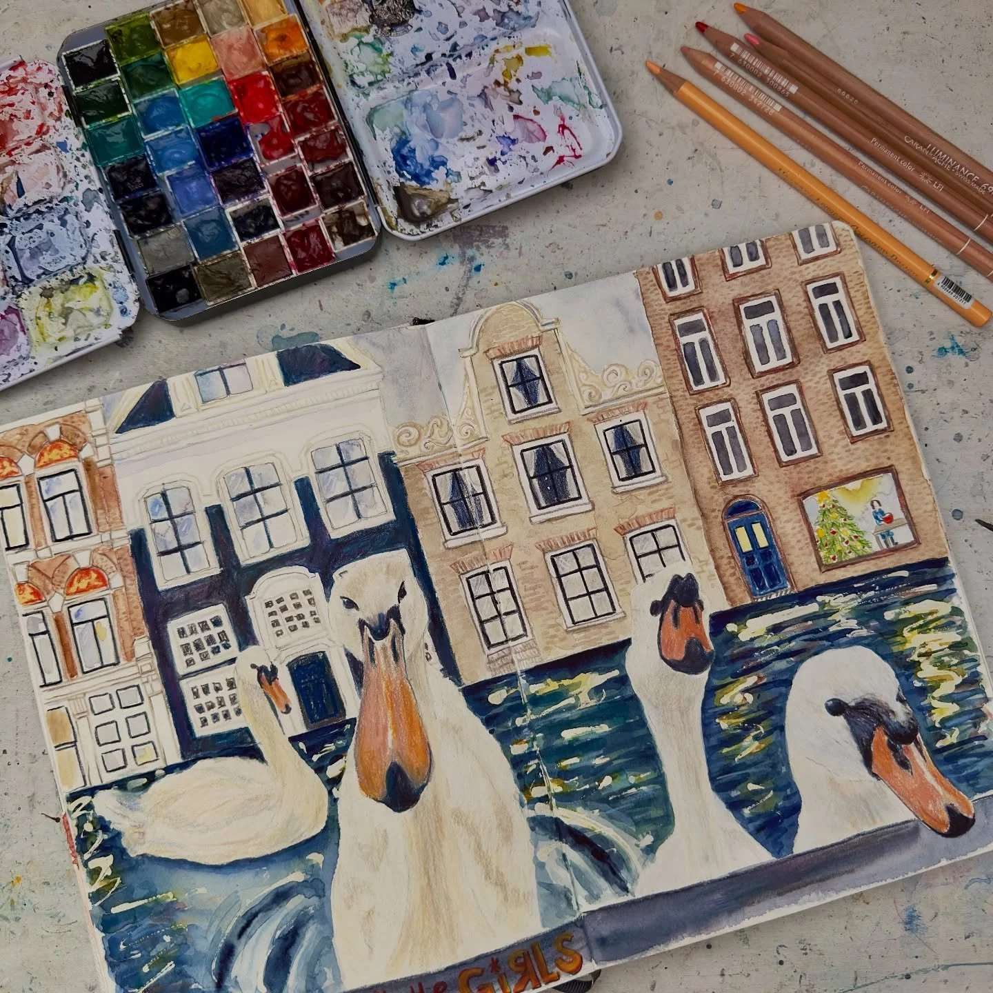Swans in Amsterdam drawing by Galia Alena.jpeg