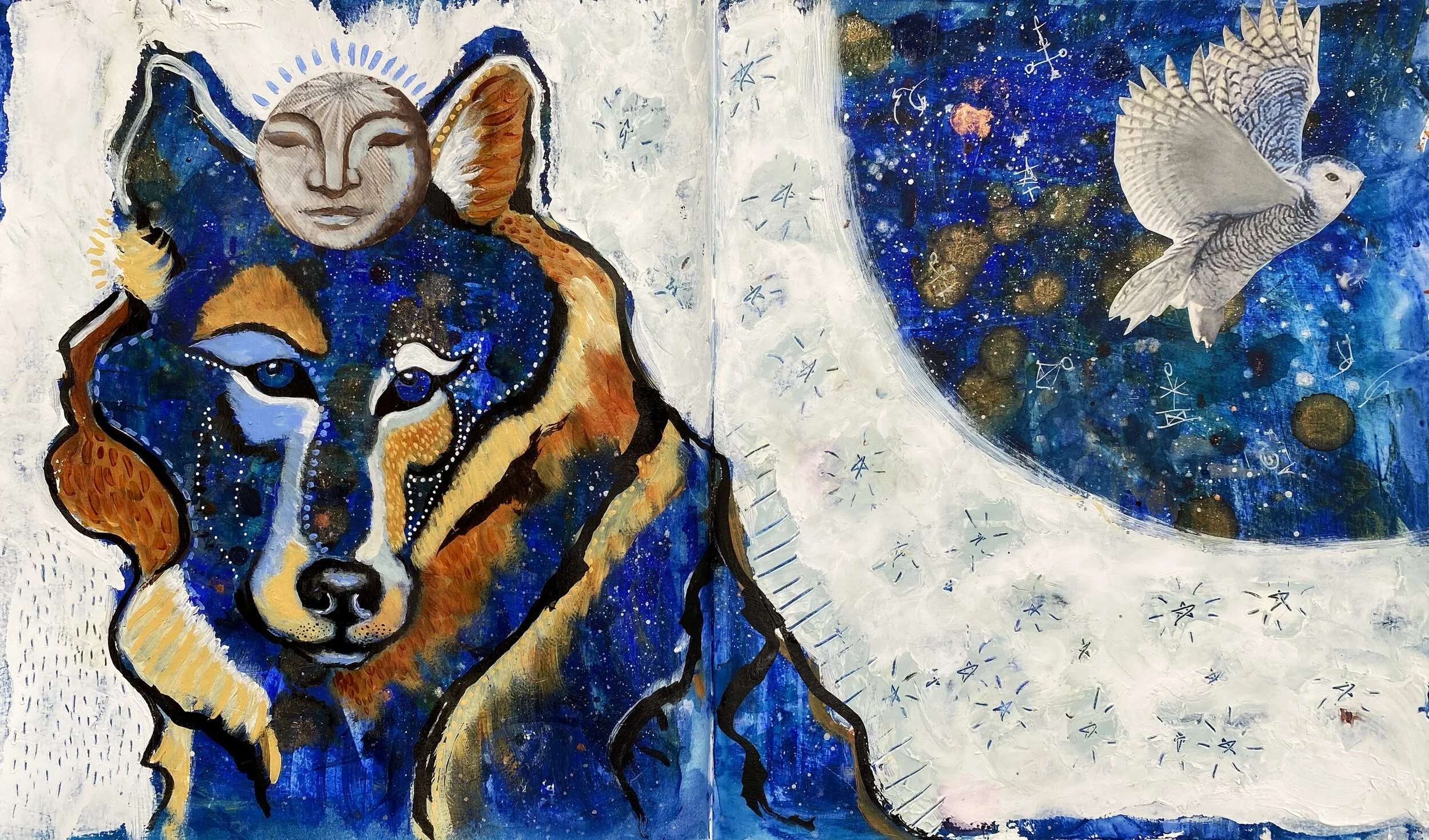 The Moon from the tarot- art journal spread with a wolf and owl