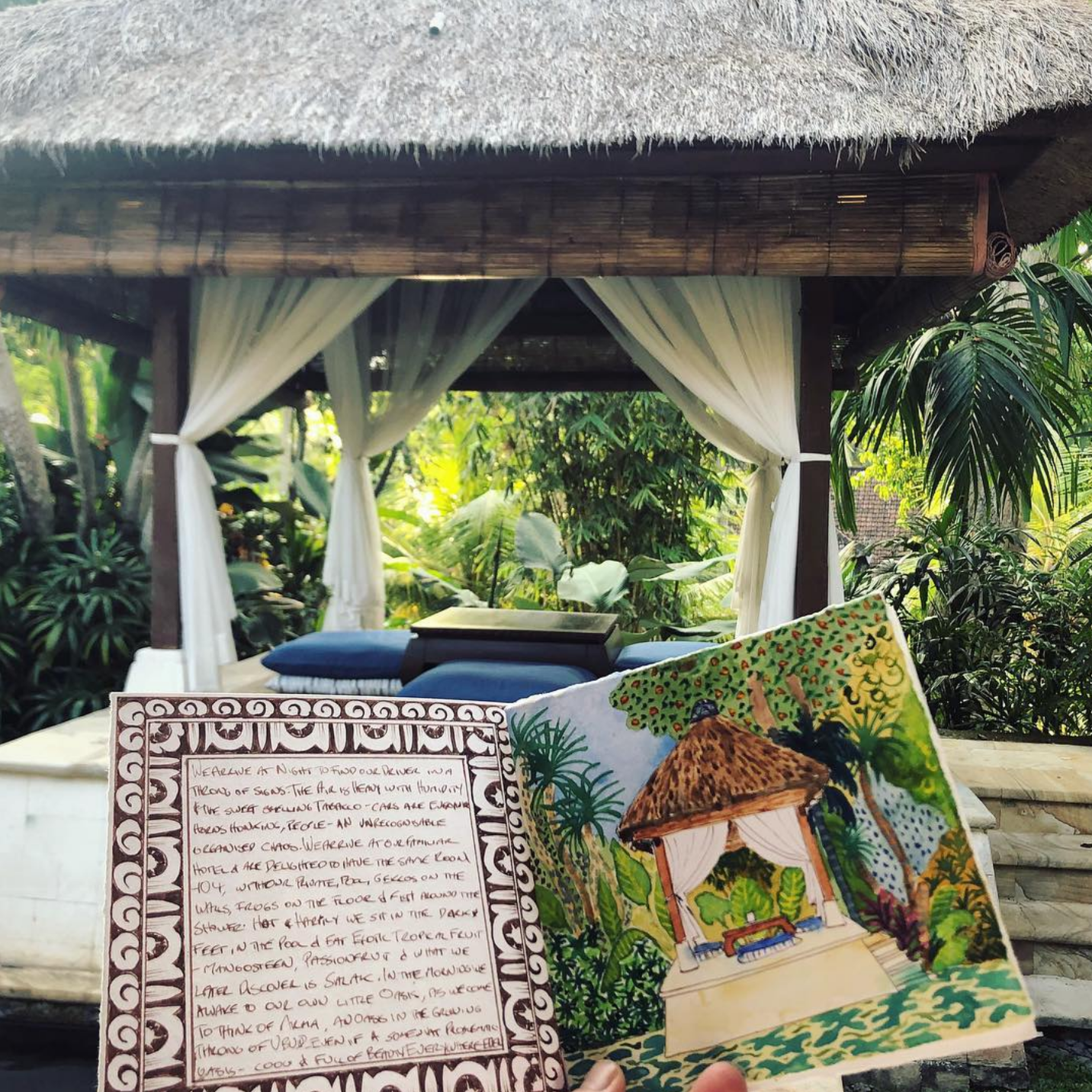 Sketchbook page of Bali jungle and seating in Bali Jungle by Galia Alena