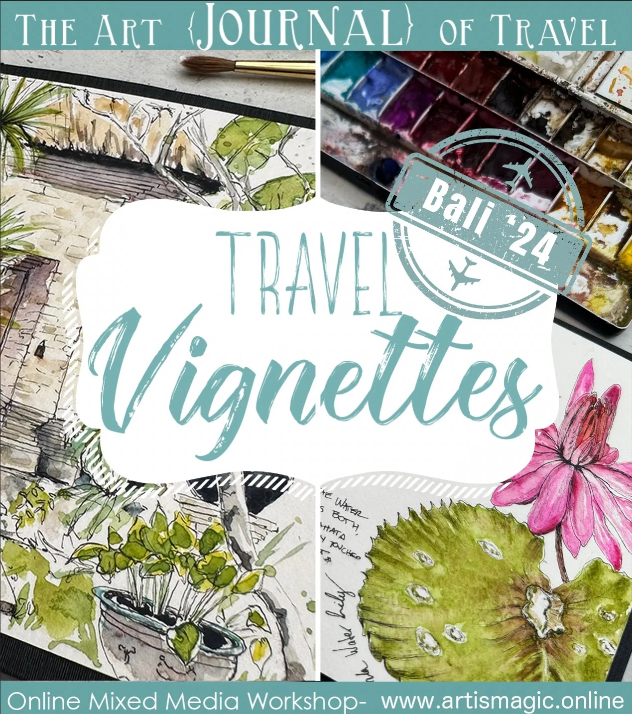 A single Bali journey in a concertina sketchbook — temple doors, the flowers of Bali, worked on location and finished back home.