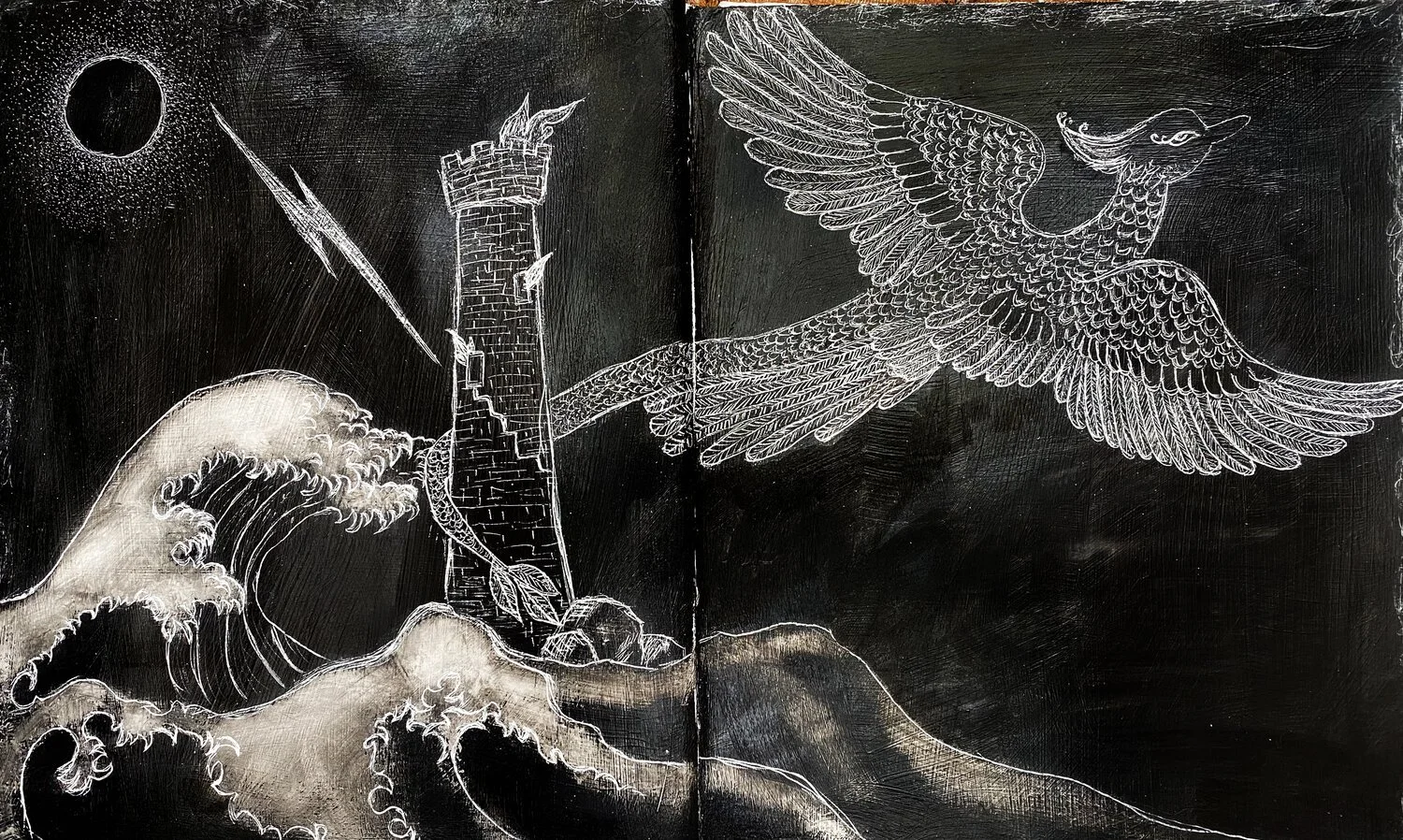 Art journal spread exploring the Tower tarot card