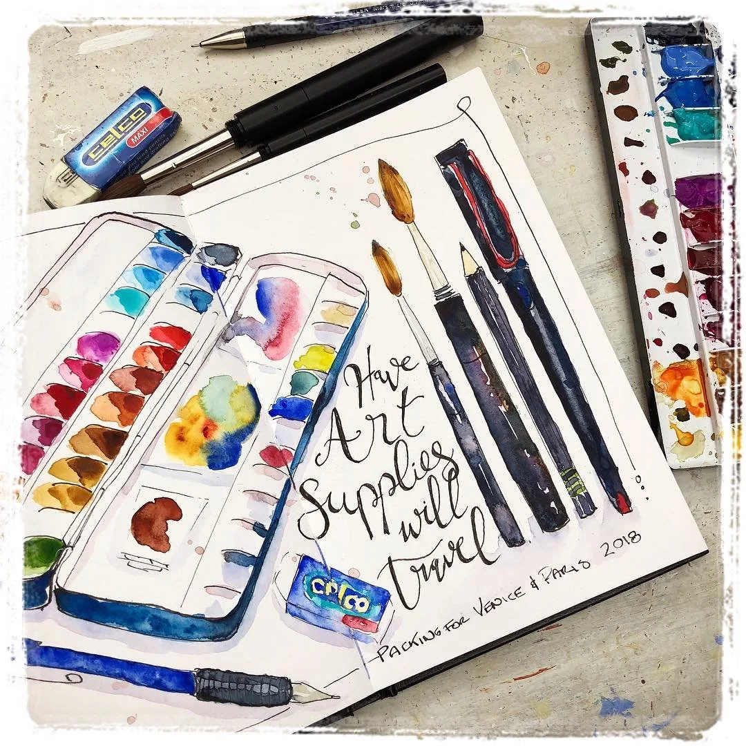 art sketchbook image of watercolour palette and brushes with Galia Alena