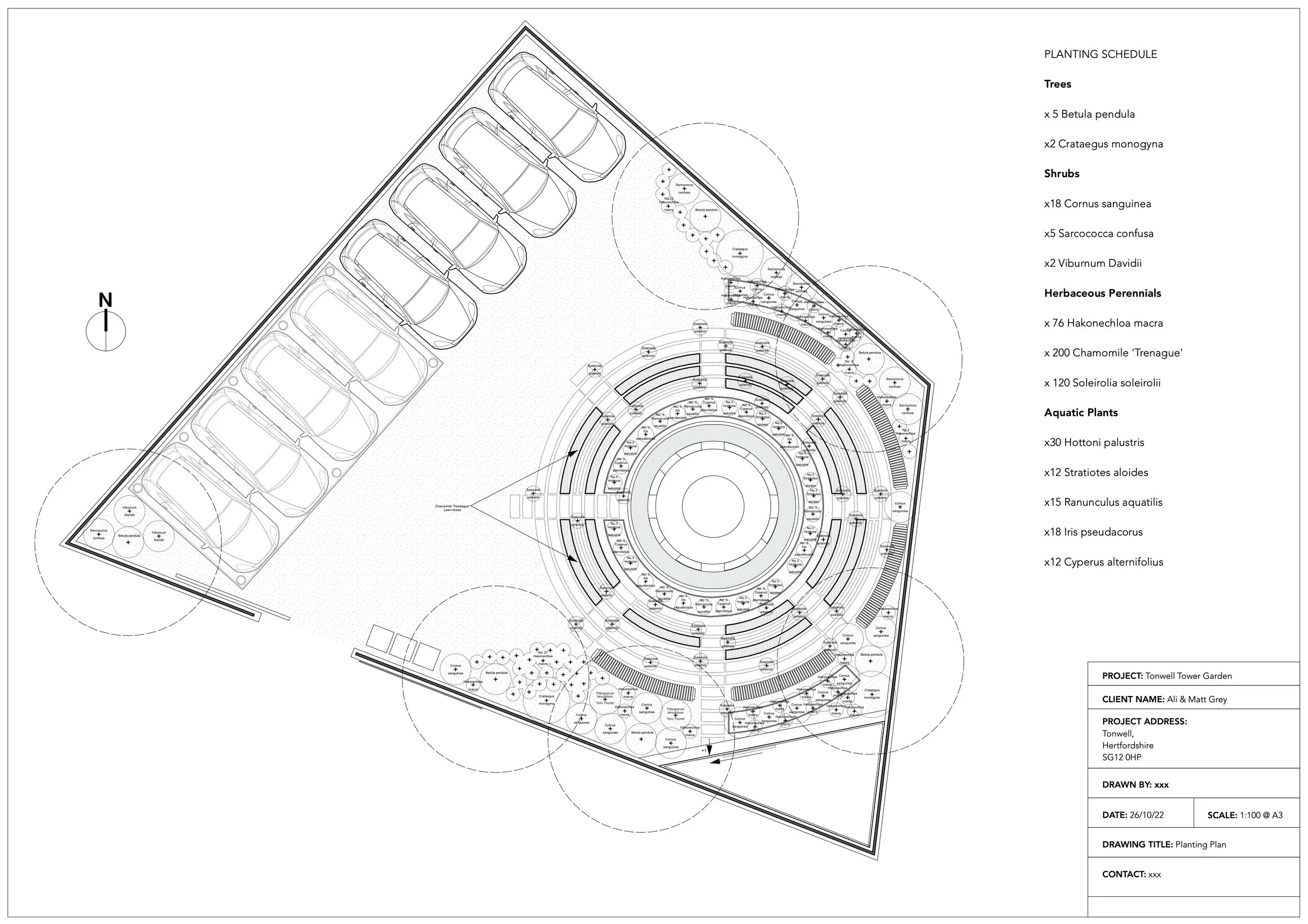 Planting plan for a garden project at Tonwell Tower Garden in Hertfordshire, showing designated areas for trees, shrubs, herbaceous perennials, and aquatic plants, with parking spaces along one edge of the site.