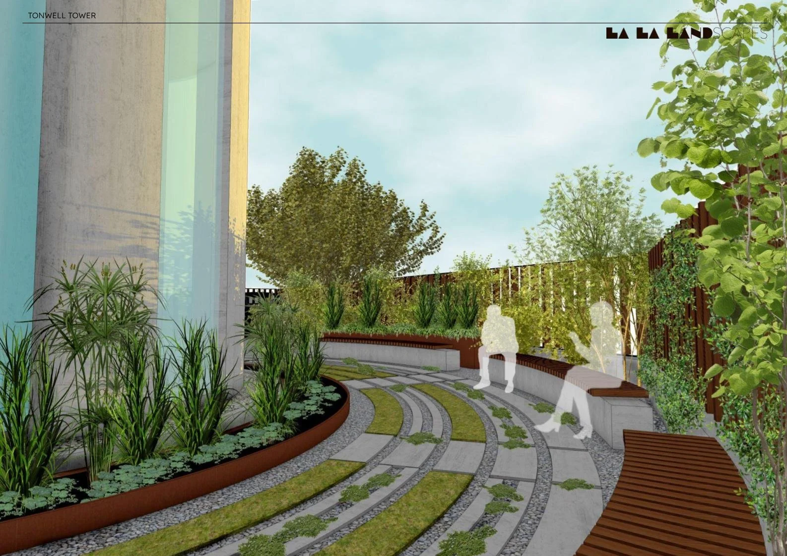 A landscaped outdoor garden with a curved pathway, benches, lush green plants, and trees under a partly cloudy sky.