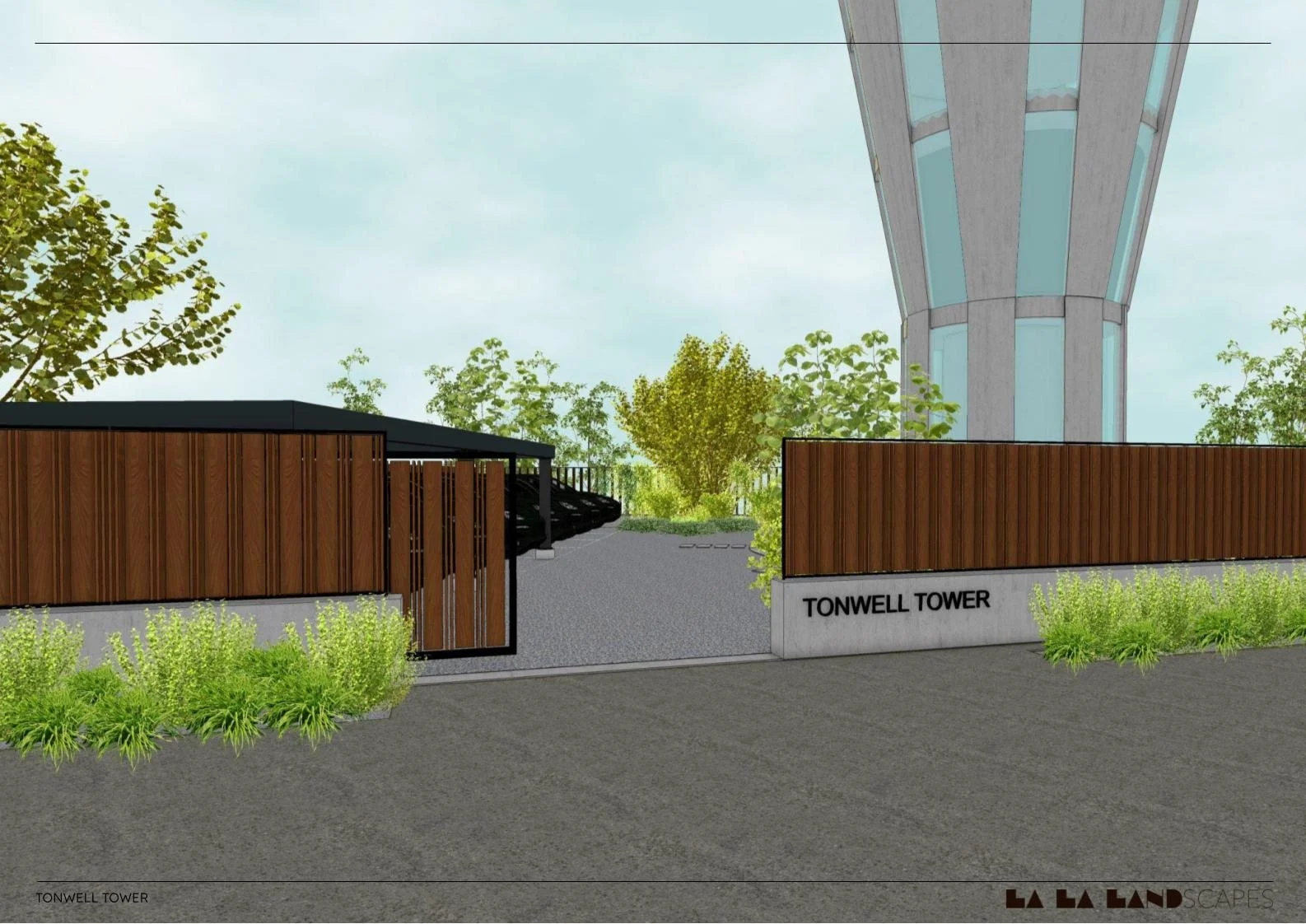 Rendering of the entrance to Tonwell Tower, featuring a wooden fence and gate, with lush greenery and a modern tower structure in the background.