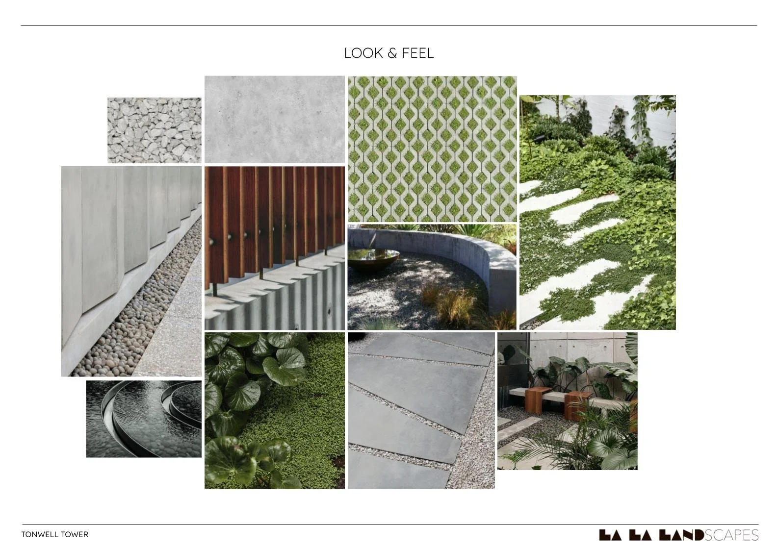 Collage of various landscape design elements including different types of paving, plantings, water features, wood fencing, decorative gravel, and outdoor seating in a modern garden setting.