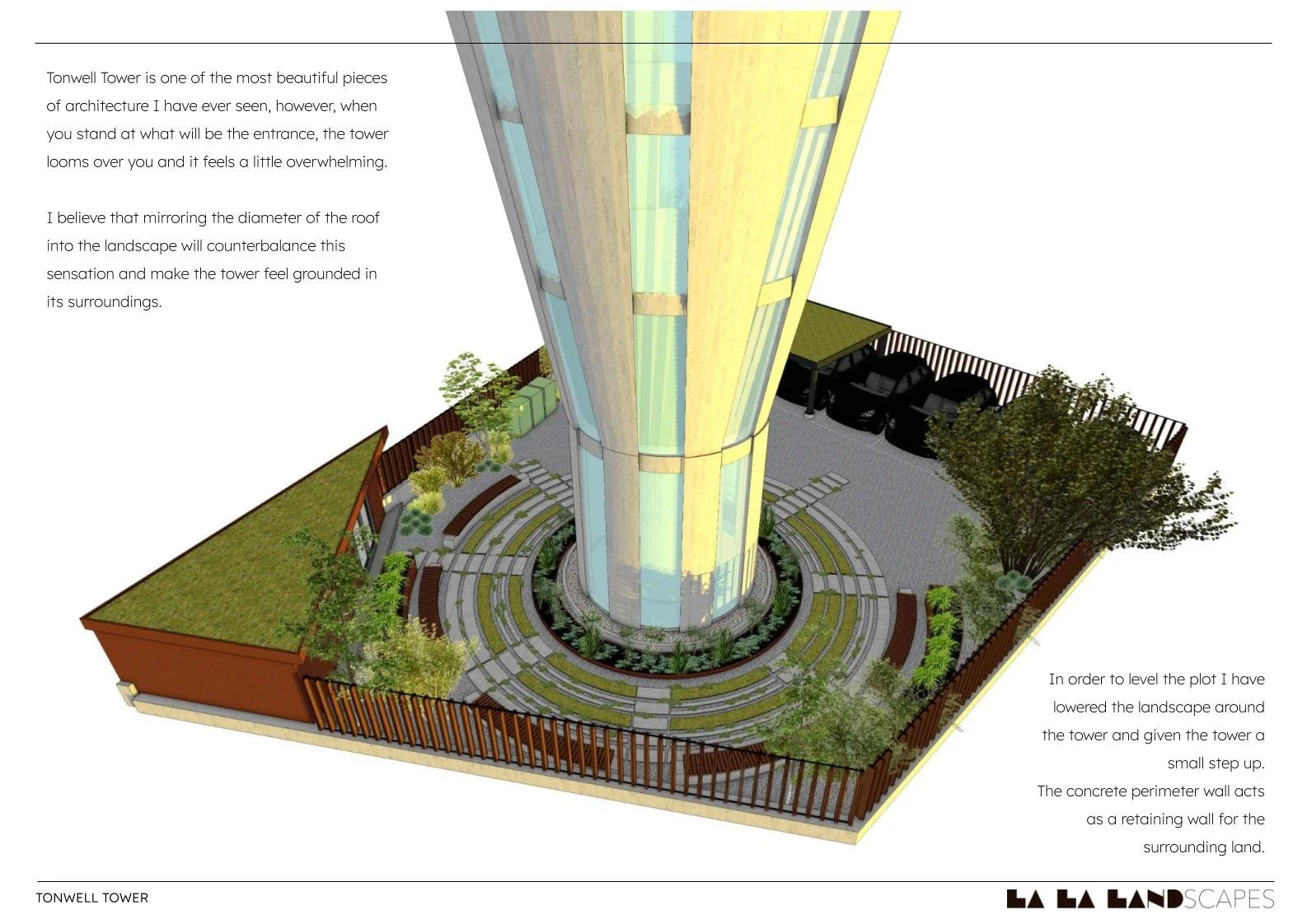A digital rendering of a tall glass building called Tonwell Tower, surrounded by landscaped ground with seating, trees, and a parking area with black cars, all enclosed by a wooden fence.
