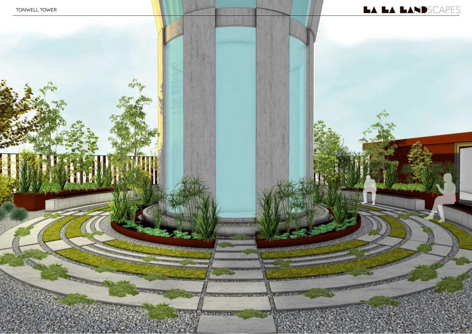 Architectural illustration of a landscaped urban area featuring a central tower with water features, greenery, walking paths, and seating areas, with two transparent human silhouettes sitting on benches.