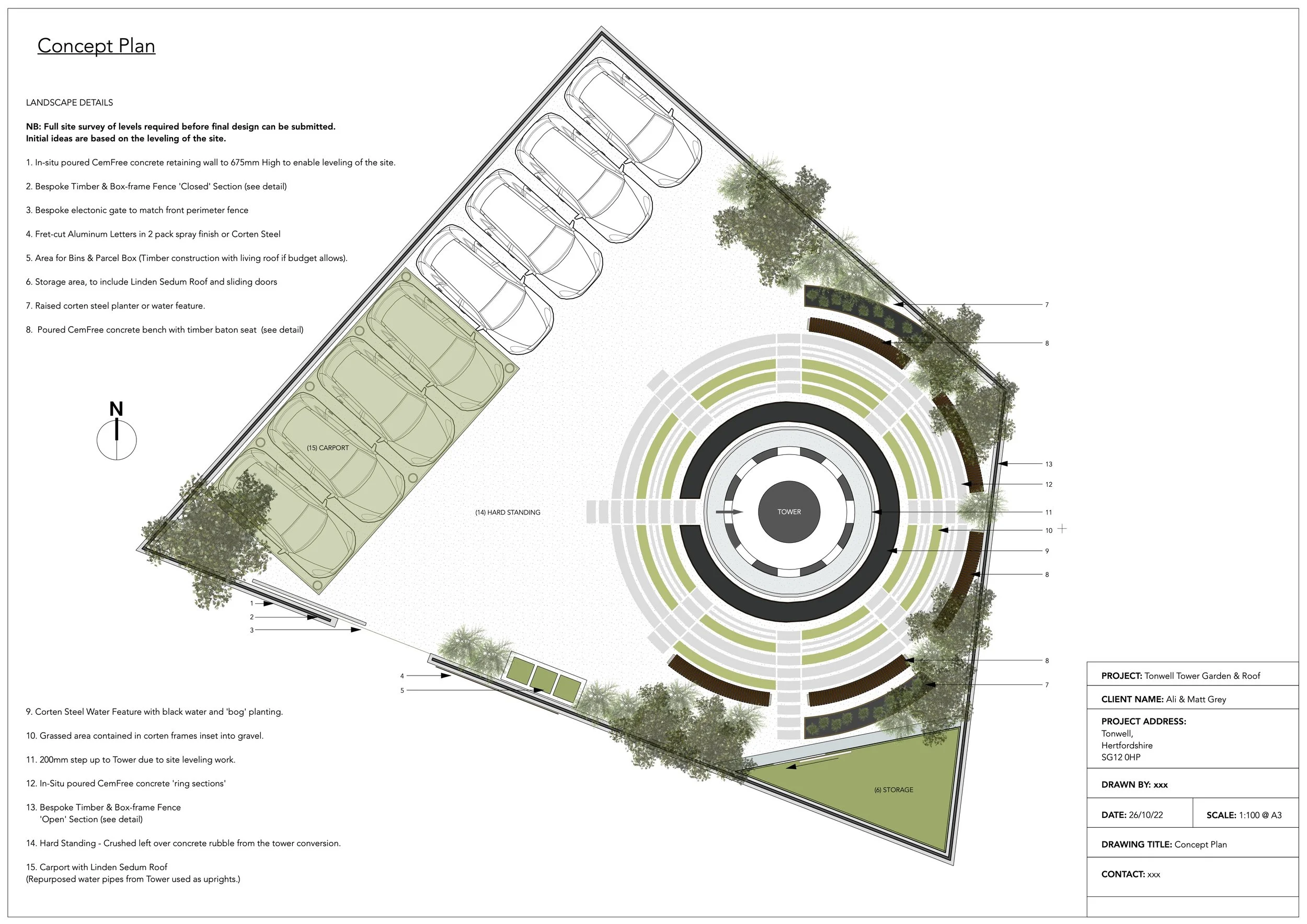 Architectural site plan for a project called Tenwell Tower Garden & Roof, showing parking spaces, a circular tower design, landscape features, trees, benches, fencing, water features, storage areas, and structural elements, with detailed labels and a