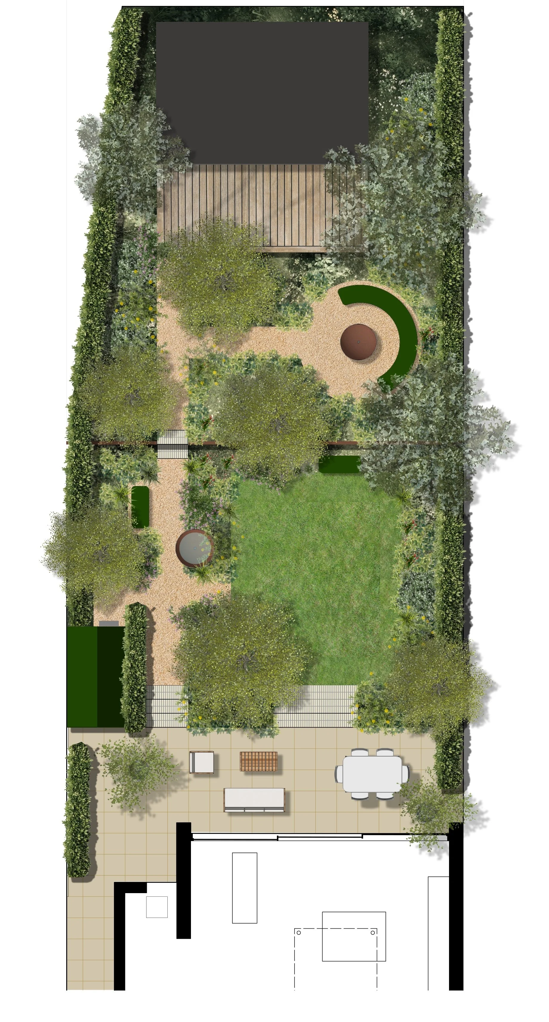 Top-down view of a backyard landscape with a wooden deck, walking paths, large grass area, various trees and shrubs, a circular feature, and a patio with outdoor furniture.