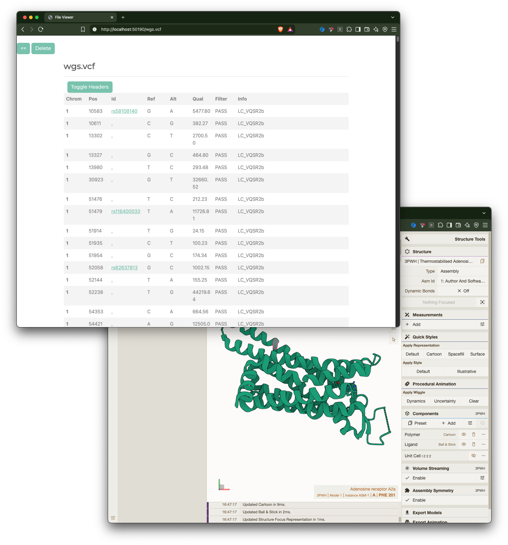 Screenshot of a computer screen displaying a molecular visualization software with a 3D model of a protein structure. The window includes a panel with data in tabular format, showing columns such as Chrom, Pos, Id, Ref, Alt, Qual, Filter, and Info. The protein visualization appears as a complex, ribbon-like structure with helices and loops, depicted in teal. The software interface includes various tools and options for structure analysis and rendering.