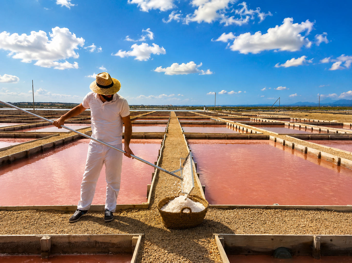 Farmer harvesting salt in salt flats on a sunny day with blue sky and scattered clouds.