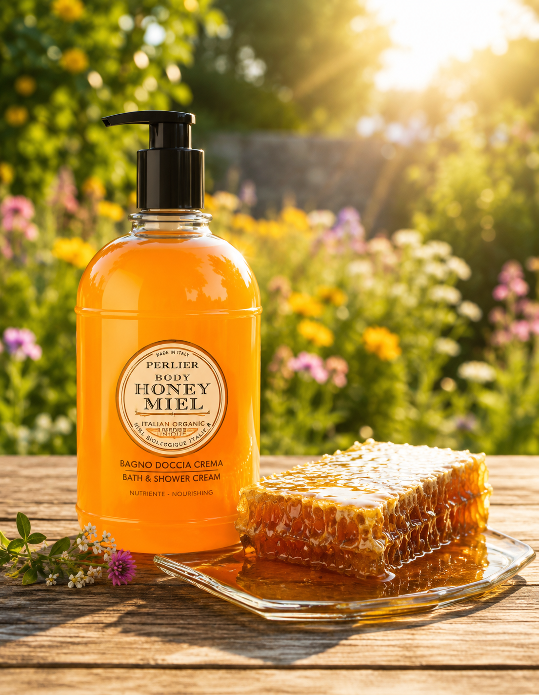 A bottle of honey body wash and a piece of honeycomb soap on a wooden table, outdoors with sunlight and flowers in the background.