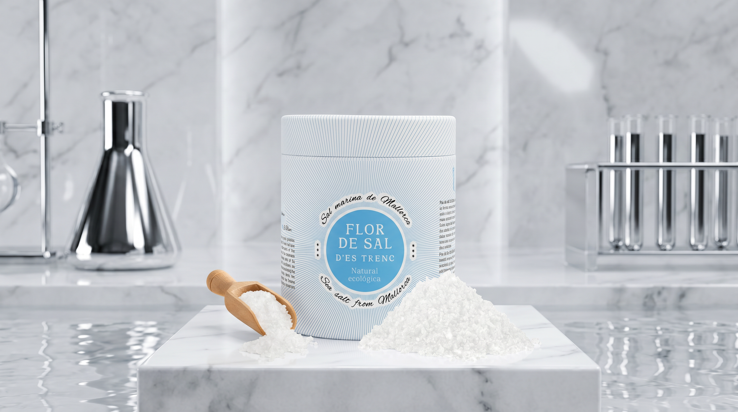 Container of sea salt with a scoop of salt and an open pile of salt on a marble surface, with laboratory glassware in the background.
