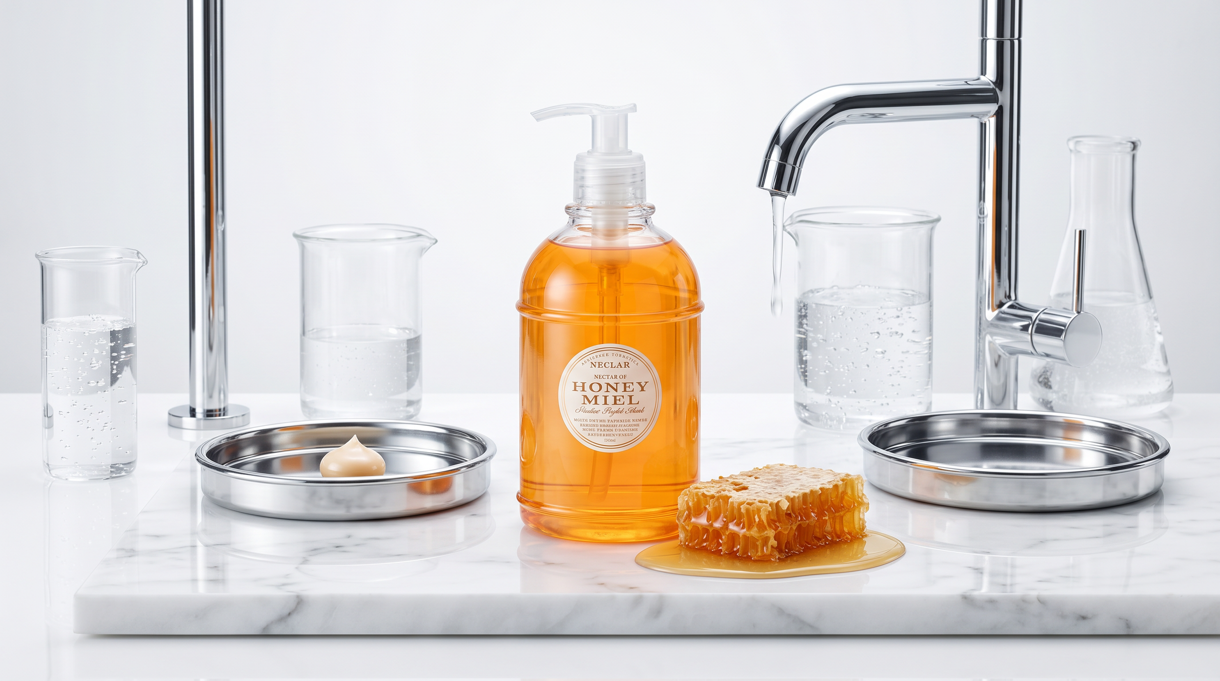 A laboratory-style setup with glass beakers filled with water, a pump bottle labeled 'Honey Mel,' a honeycomb, and stainless steel containers on a white marble surface and background.
