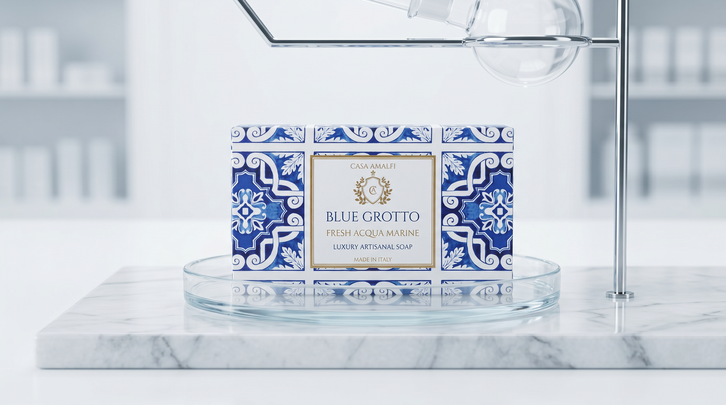 A box of Casa Amalfi Blue Grotto luxury artisanal soap with blue and white tile pattern on a clear glass tray, placed on a white marble surface with a minimalist metal stand nearby.