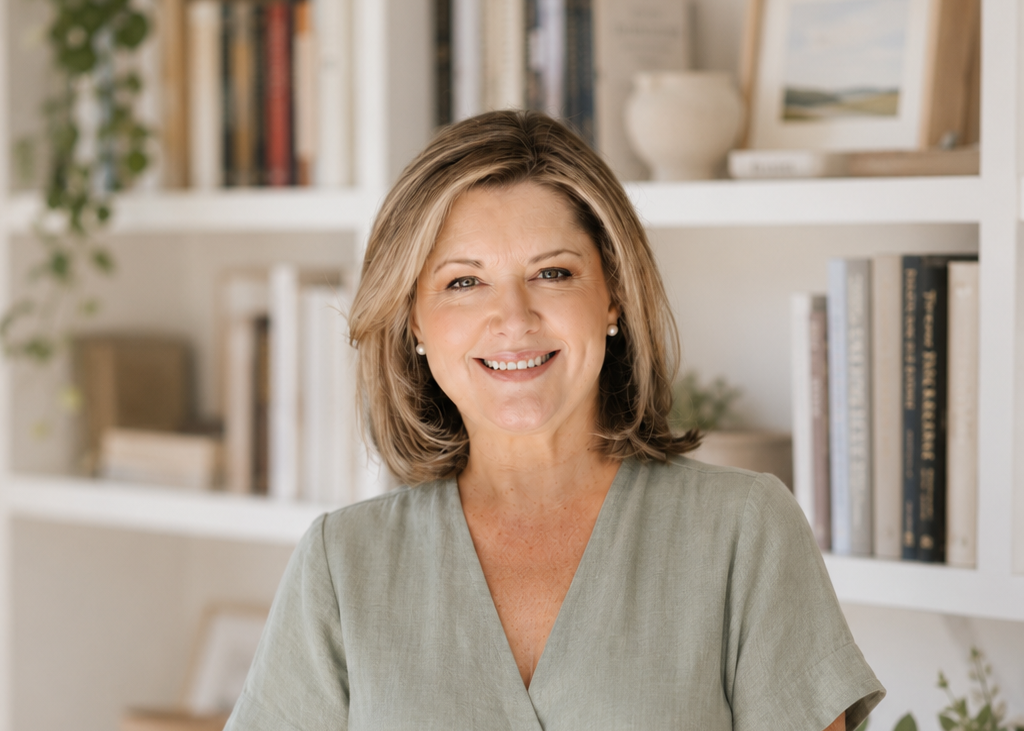 A smiling woman with short, light brown hair stands in front of a bookshelf filled with books and decorative items.