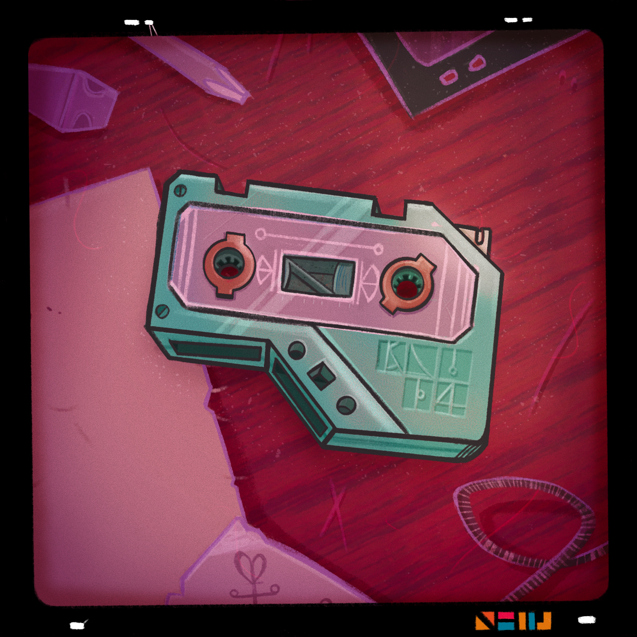 A digital drawing of a sci-fi data stick, designed a little like a cassette tape, sitting on a messy wooden desk.