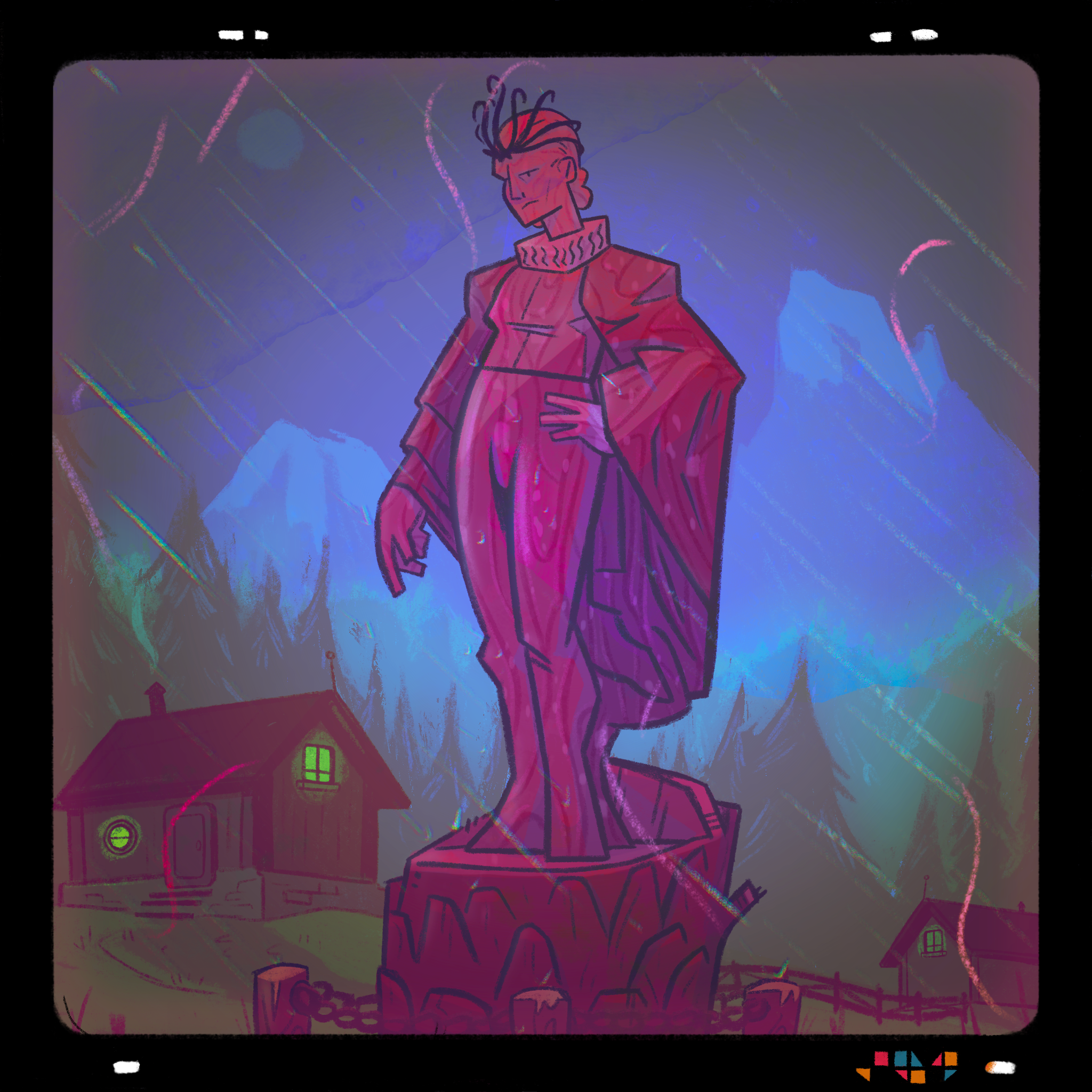A digital drawing of a wooden statue of a person wearing a curling headdress, a ruff and a cloak with their hand on their hip, with a wooden house, a forest and mountains in the background.