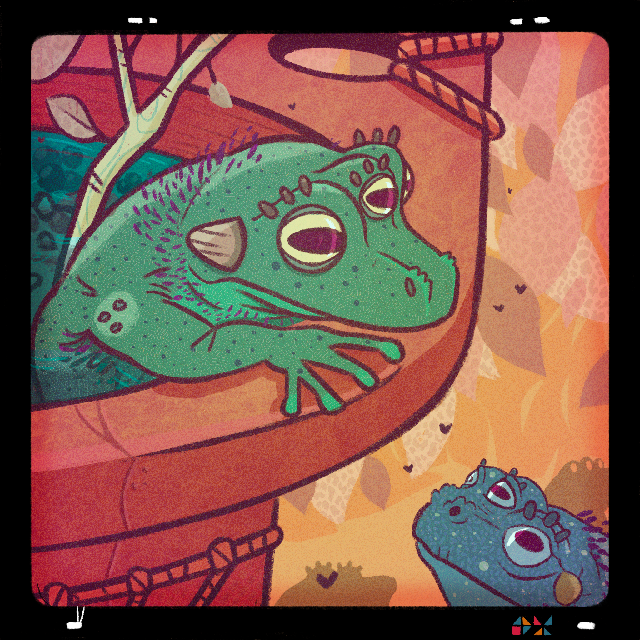 A digital drawing of two frogs, each with three eyes and tiny horns across their foreheads. The green frog sits in a pot, peering over the edge while the blue frog sits below, looking up at the first.