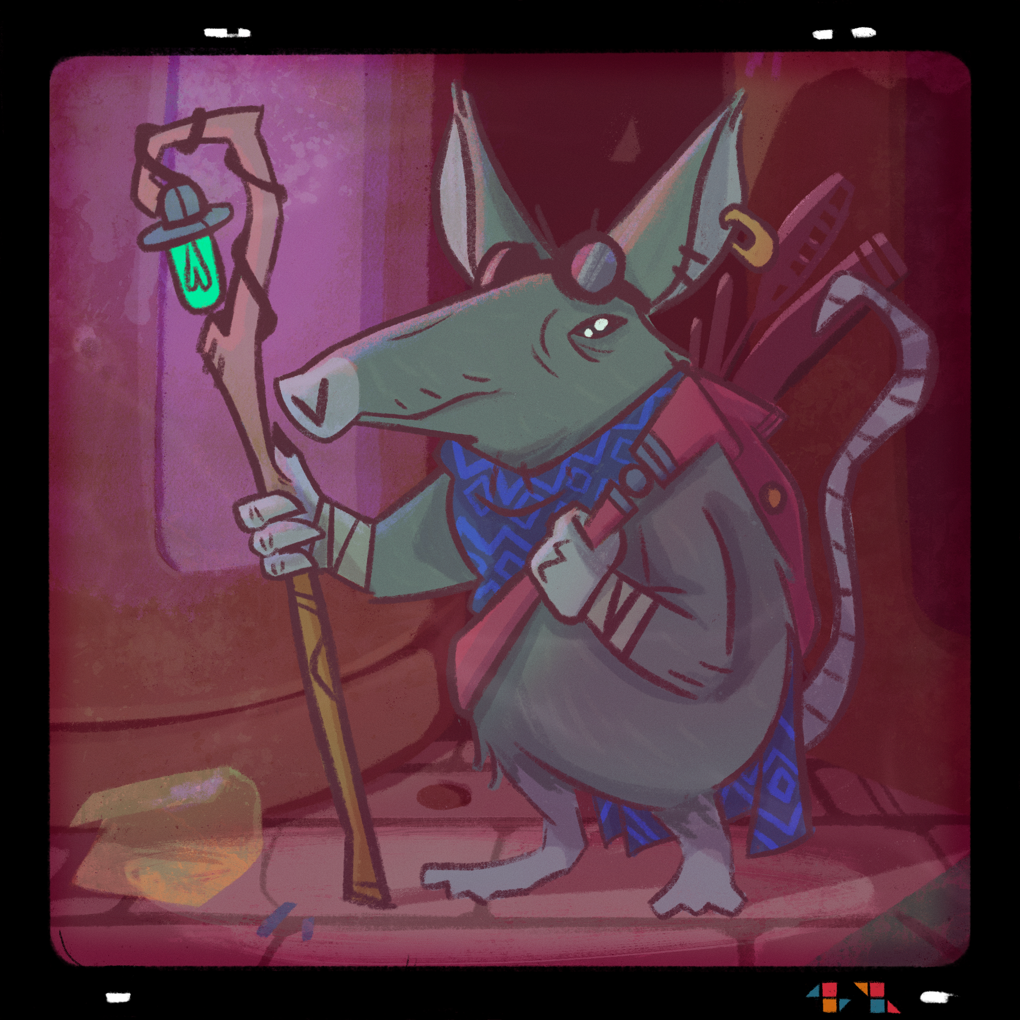 A digital drawing of a small, furry alien with a long snout, large ears and a rat-like tail. They have a bag on their bag and are wearing a cloak, and hold a staff with a light attached.