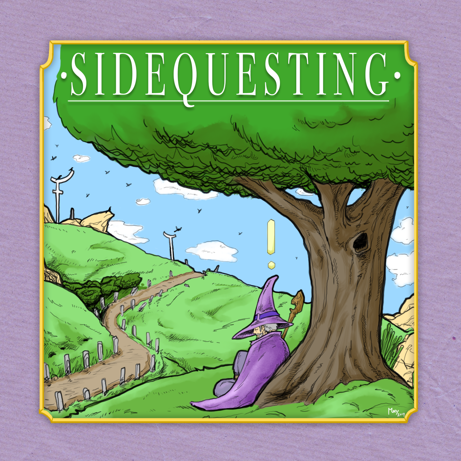 The Sidequesting cover art - a digital drawing of a wizard in purple robes sitting underneath a tree with a video game quest marker above his head.