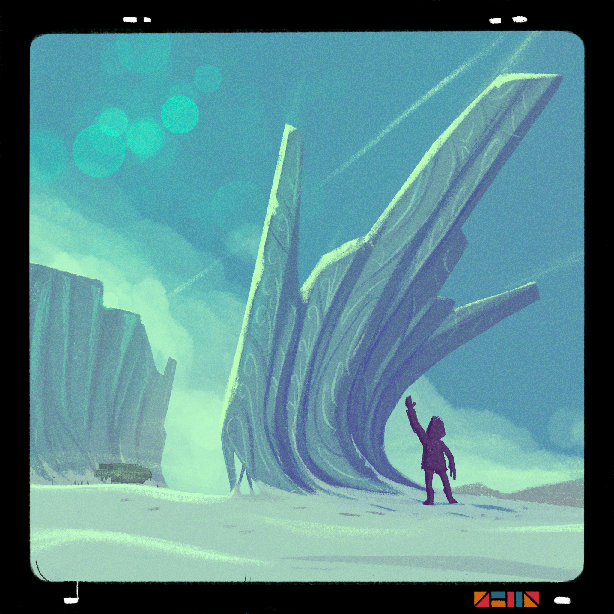 A digital drawing of an ice sculpture made of curving tubes under a cold, blue sky. A person stands next to the sculpture, very small in comparison.