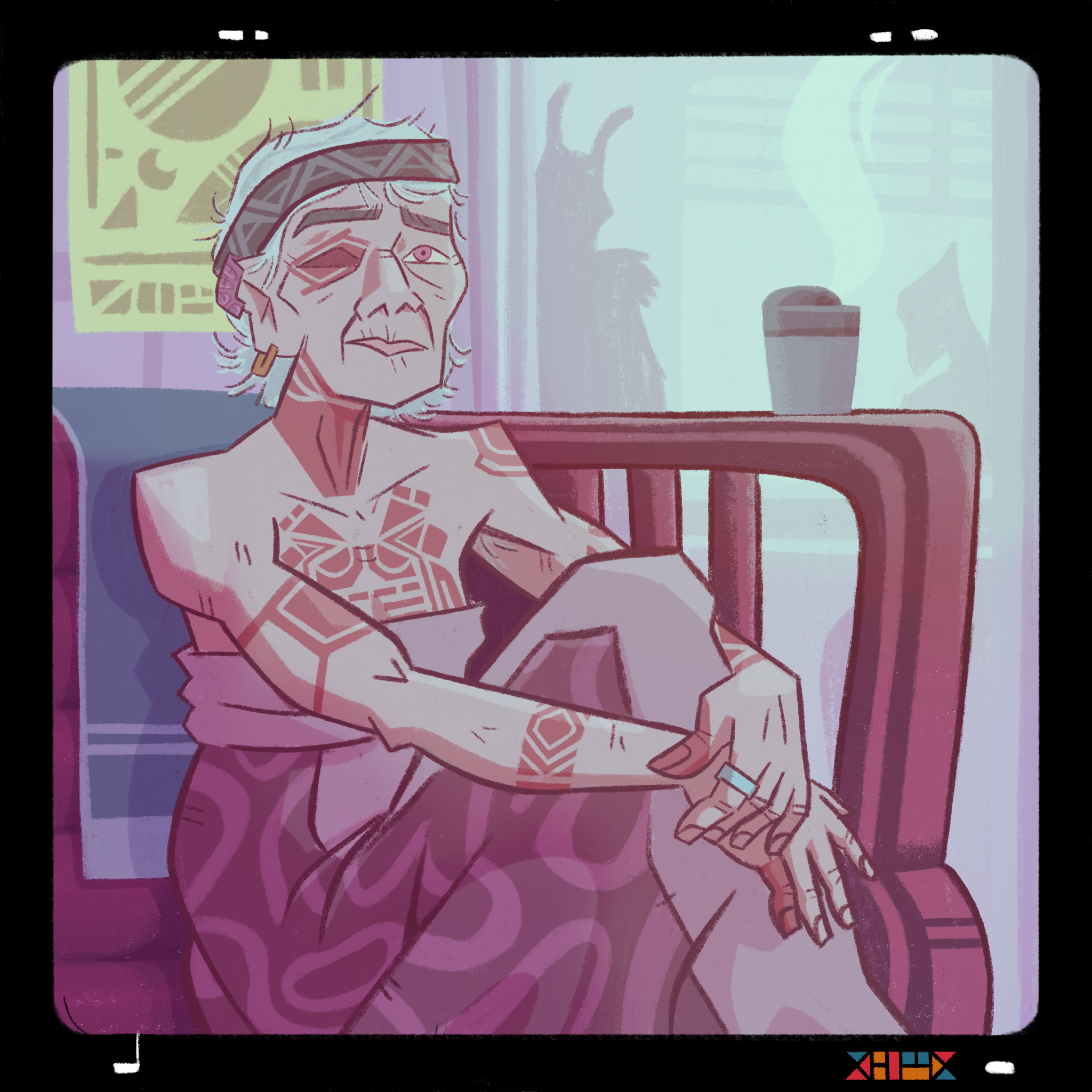 A digital drawing of an older human woman with tattoos on her neck, chest, arms and face, sitting in an armchair and looking at the camera.