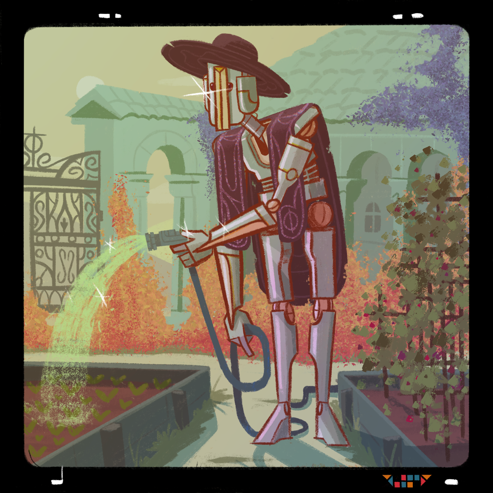 A digital drawing of a robot in a wide brimmed hat and embroidered stole watering a garden with a hose.