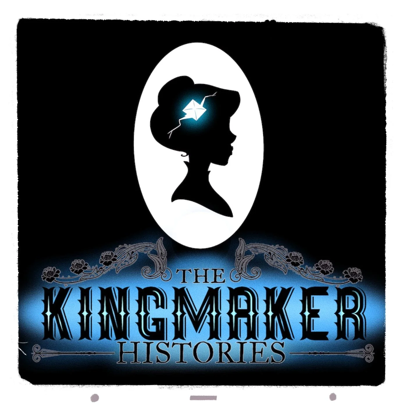 The Kingmaker Histories logo - the name of the show ornate writing beneath the sillhouette of an Edwardian woman with a diamond in her head - edited to look like a piece of Travelling Light art