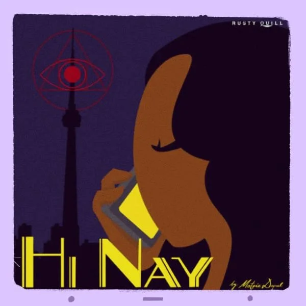 The Hi Nay logo - the name of the show in yellow against a stylised silhouette of a dark-skinned woman speaking on the phone - edited to look like a piece of Travelling Light art