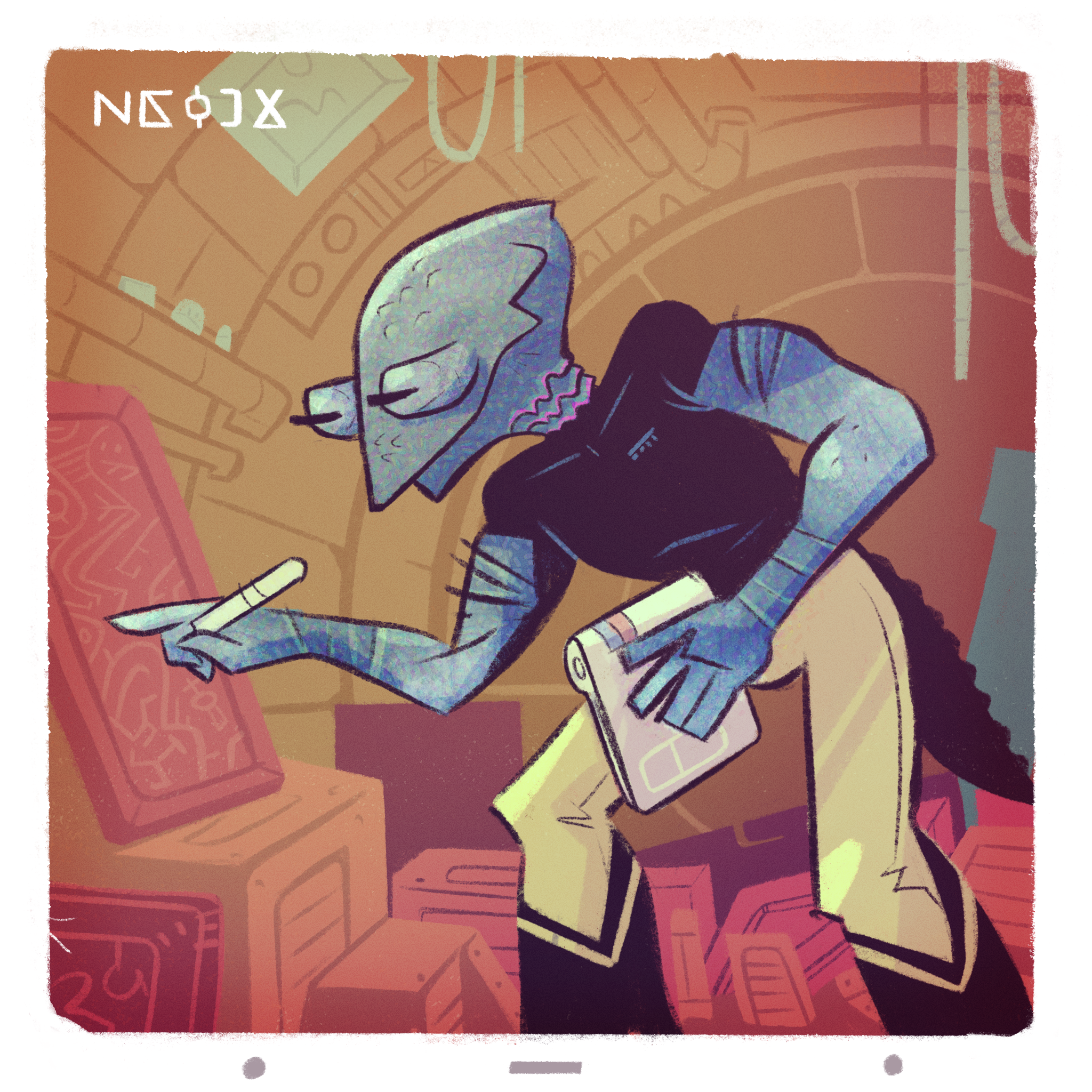 A digital drawing of Resimus, a slim alien person resembling a chameleon. They are leaning over a piece of equipment.