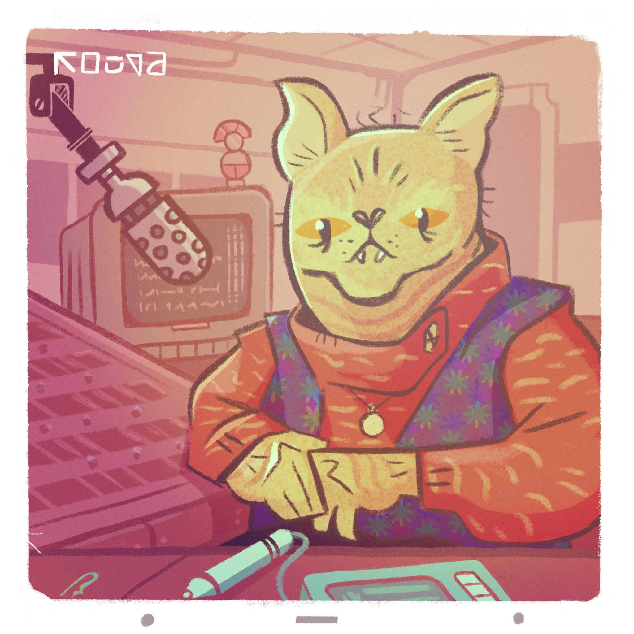 A digital drawing of a cat-like alien sitting in front of a microphone in a radio studio. They have their hands in their lap and are looking at the camera, unsmiling.