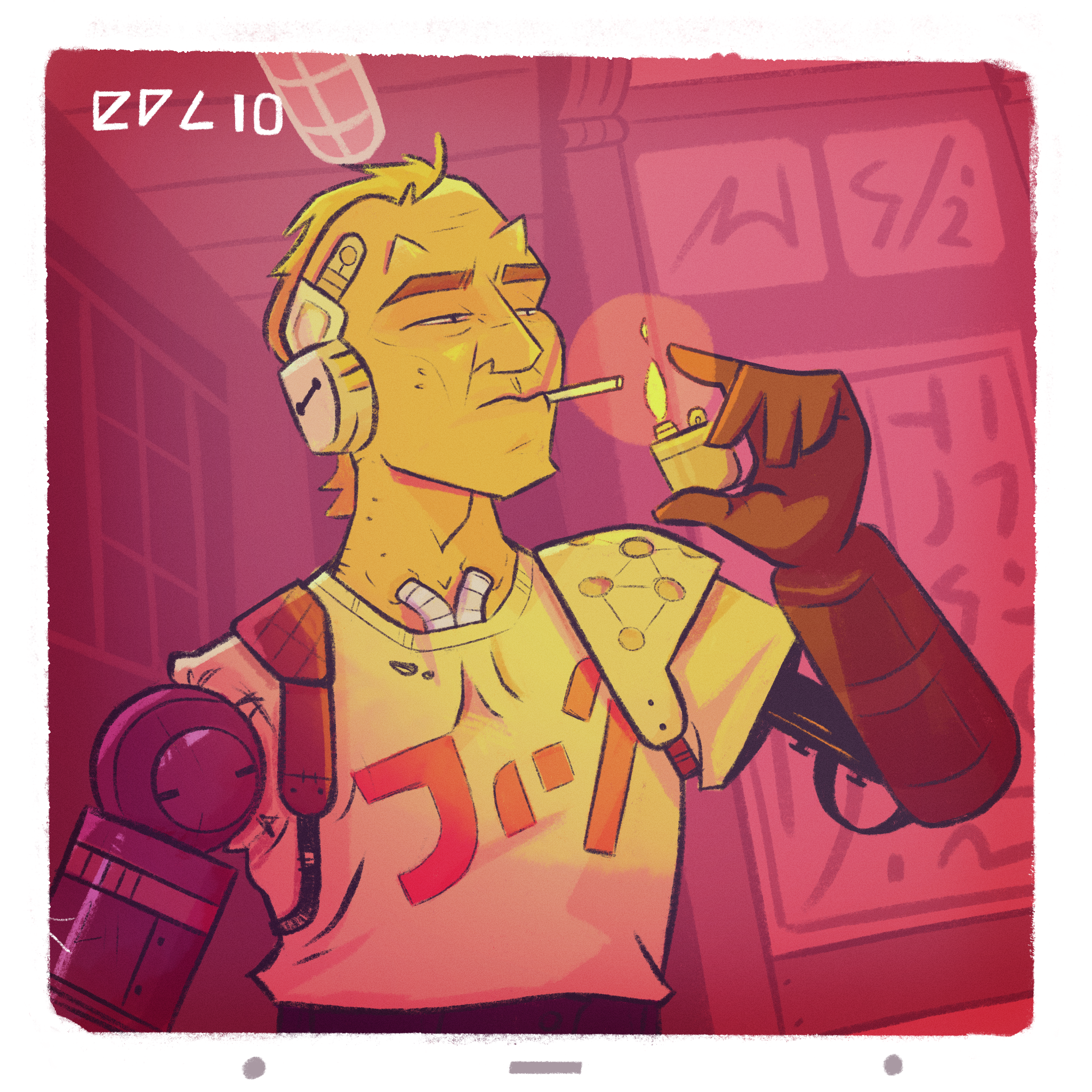 A digital drawing of a man with prosthetic arms and visible cybernetic augmentations, lighting a cigarette with a lighter.