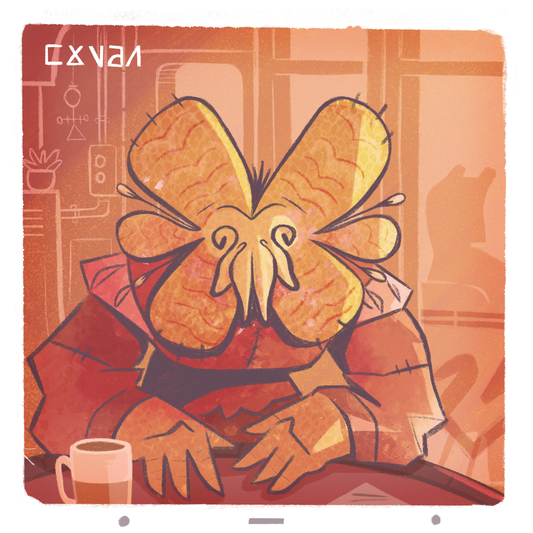 A digital drawing of an alien person sitting at a table, hunching to get into the frame. Their face is flower-like with a stamen structure in the middle.