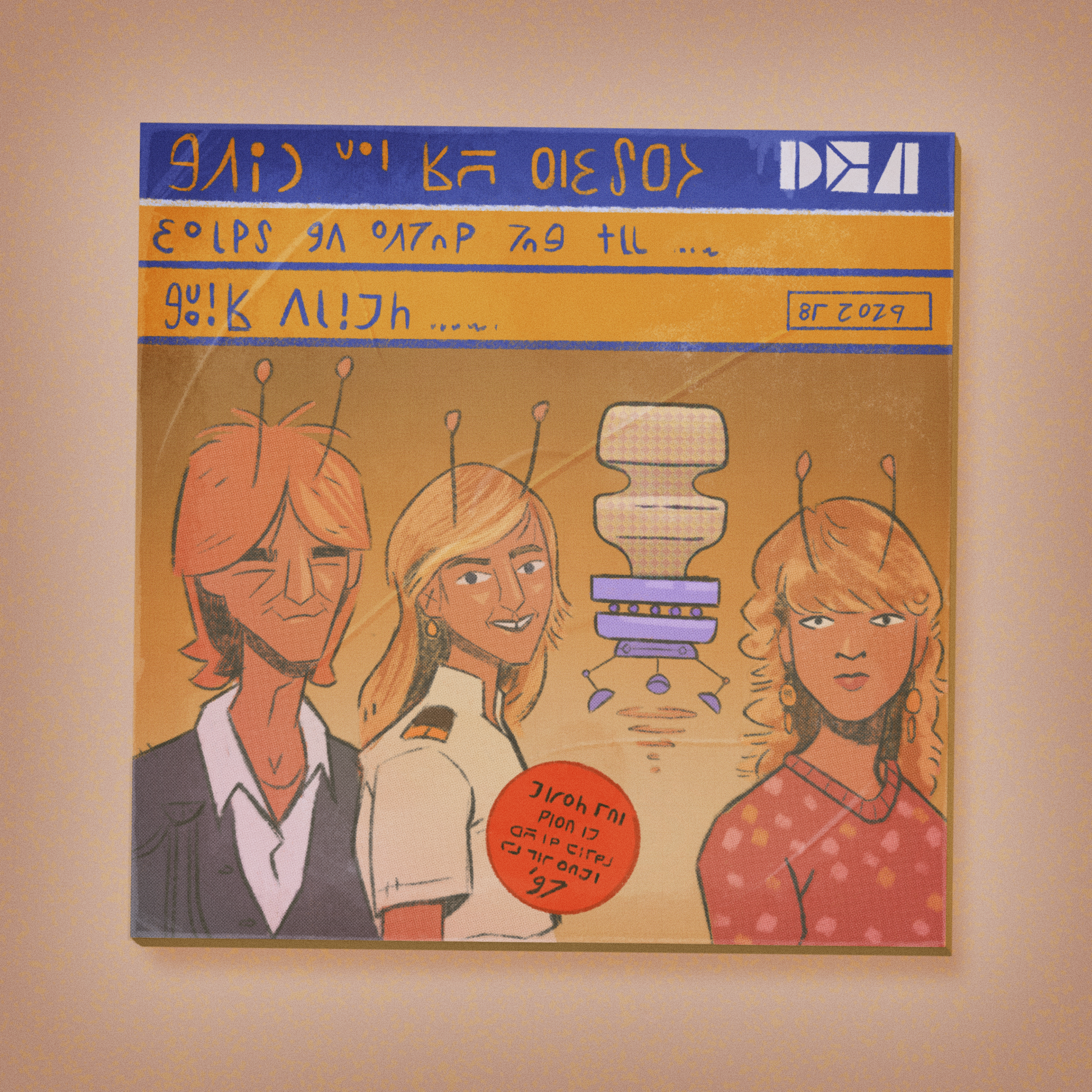 A digital drawing of an album cover for a band made up of three aliens and a floating robot. The cover has alien text on.