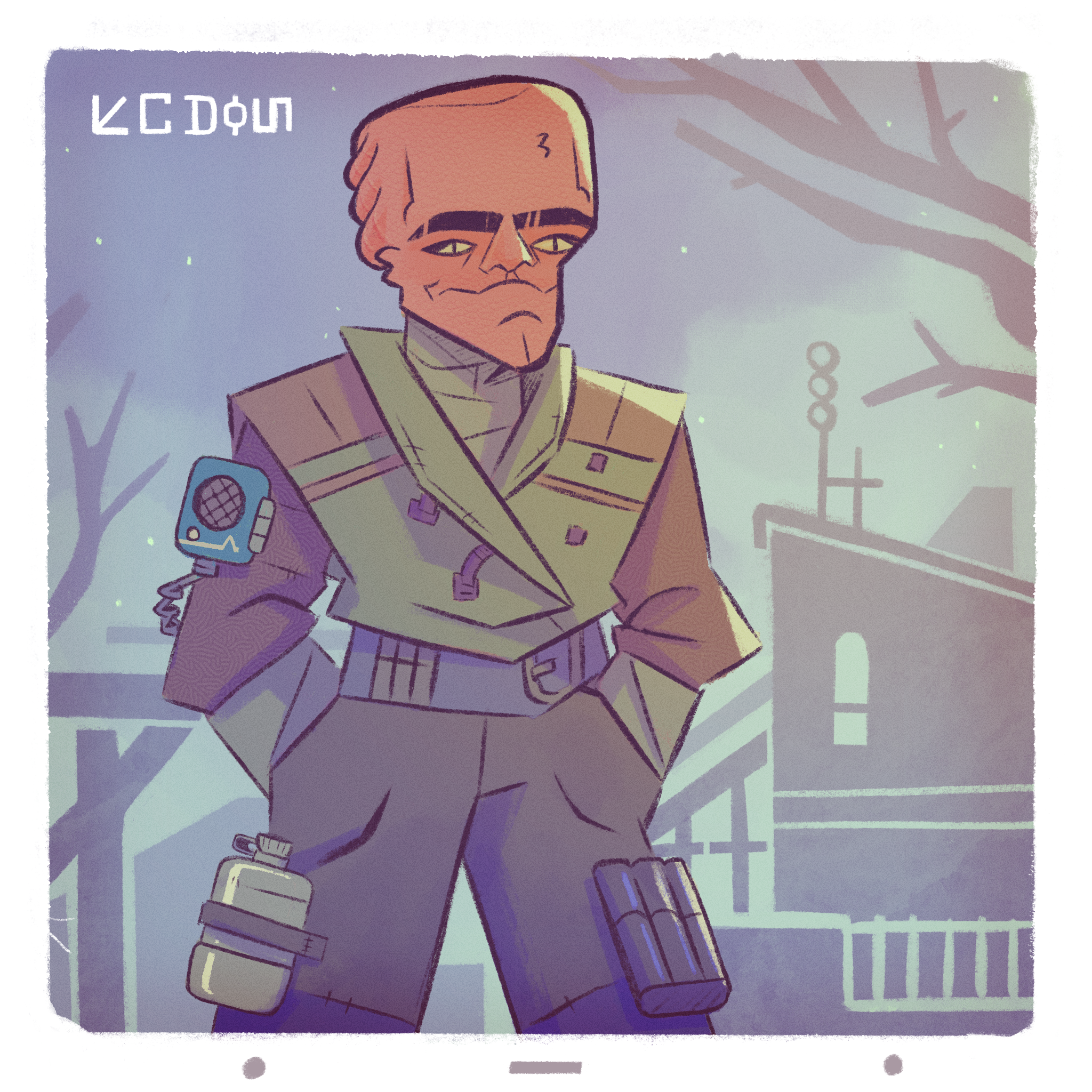 A digital drawing of a bald, stocky alien person dressed in practical clothing with lots of pockets, and a radio strapped to their arm.