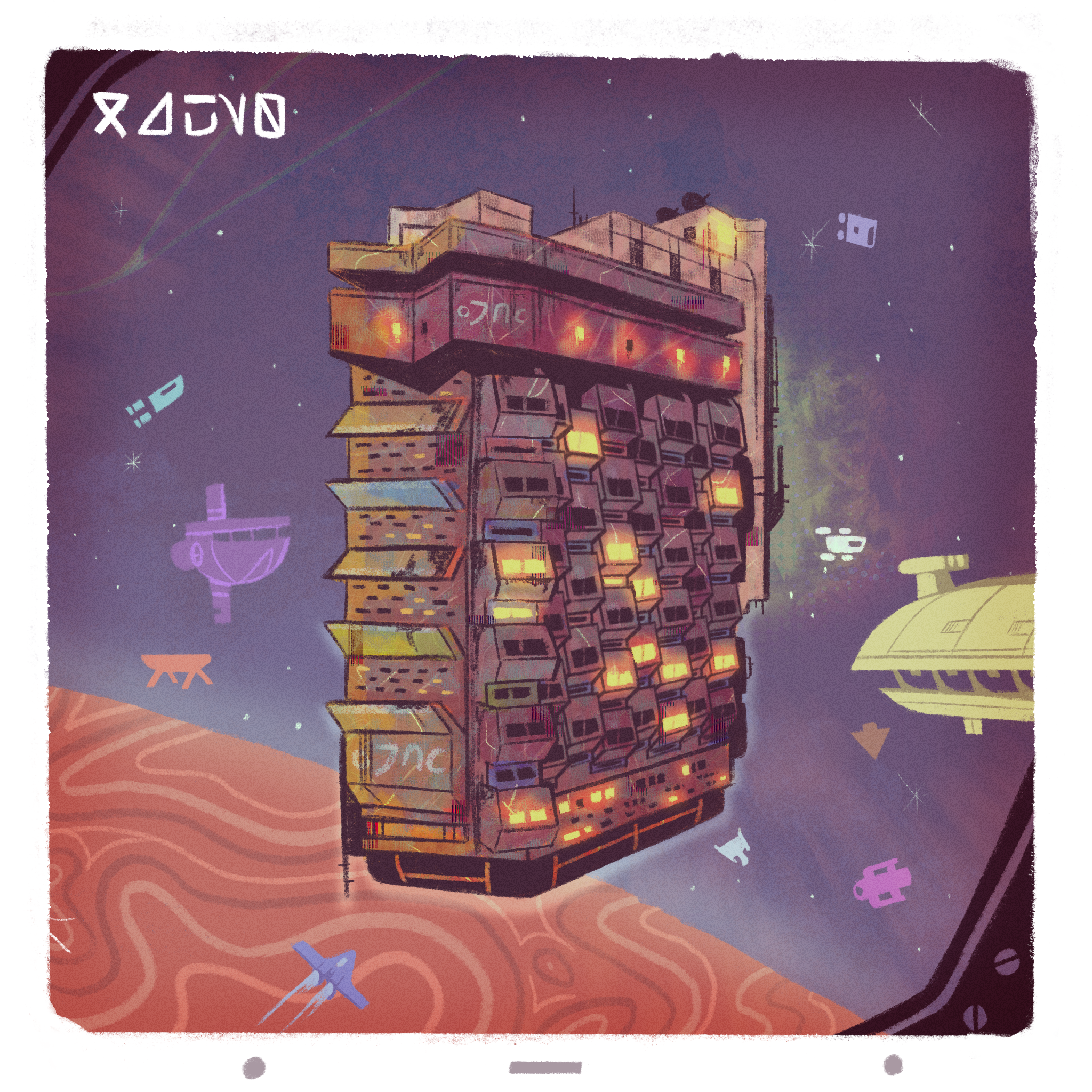 A digital drawing of large spaceship that looks like a block of flats, with illuminated windows and coloured marks all over the hull.