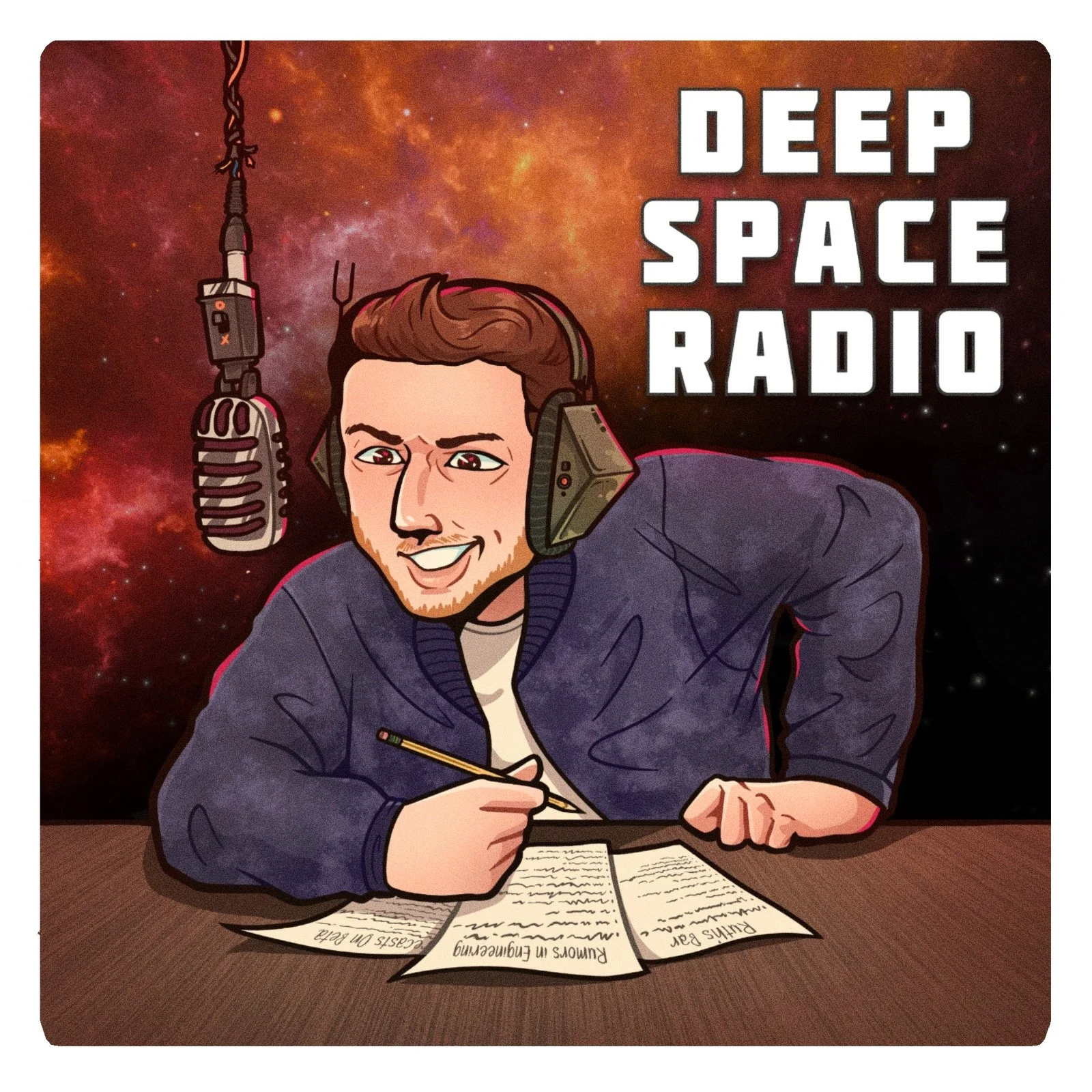 The Deep Space Radio logo - the name of the show against a galaxy background with a light-skinned man wearing headphones and leaning into a radio microphone - edited to look like Travelling Light art 