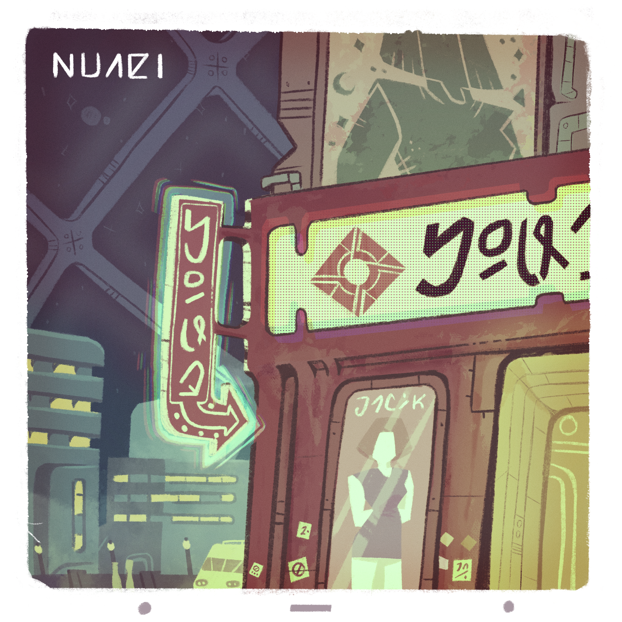 A digital drawing of the entrance to a building on a space station with light-up signs directing passers-by inside.