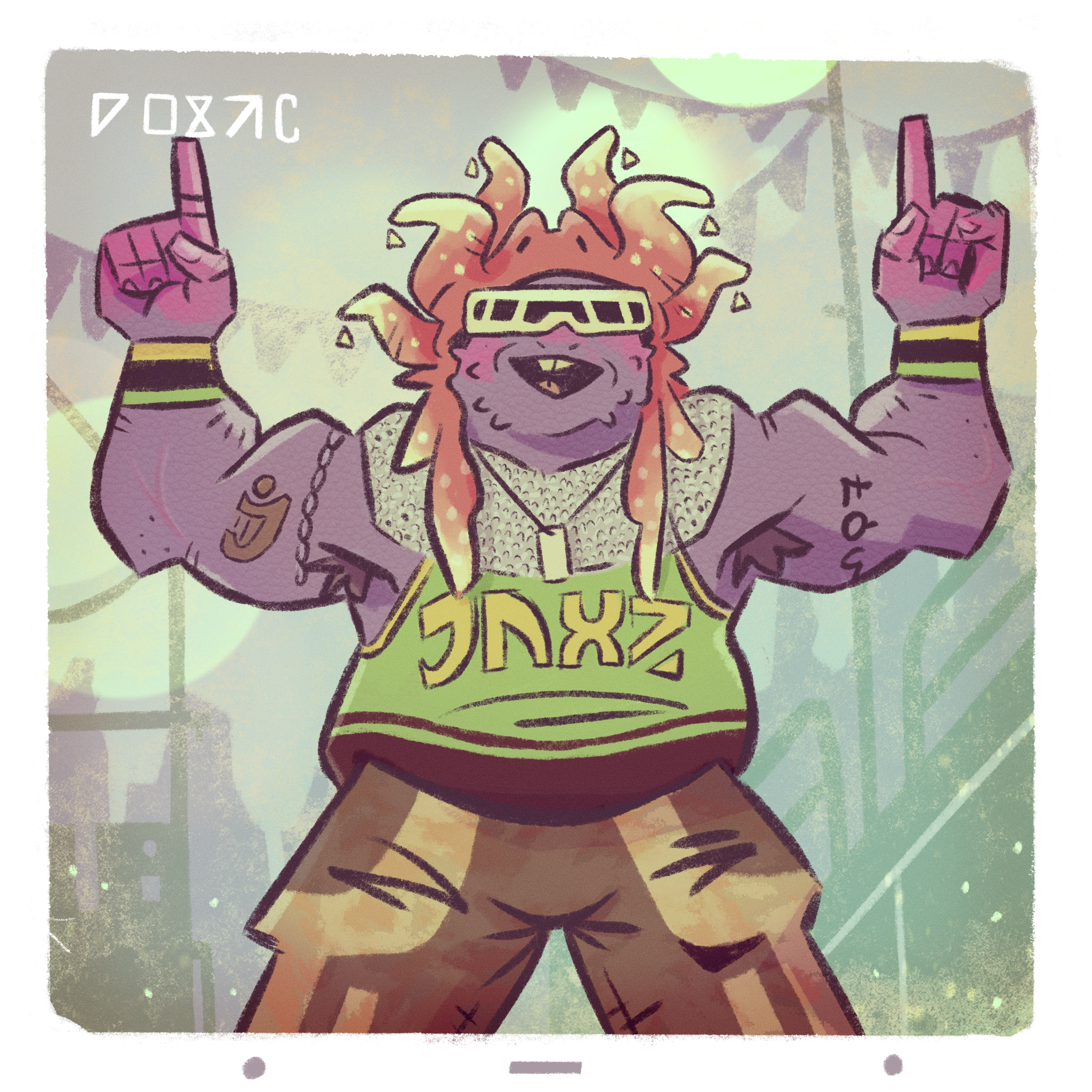 A digital drawing of a muscular, purple-skinned alien person wearing sporting merchandise and sunglasses. She has both hands raised and is cheering.