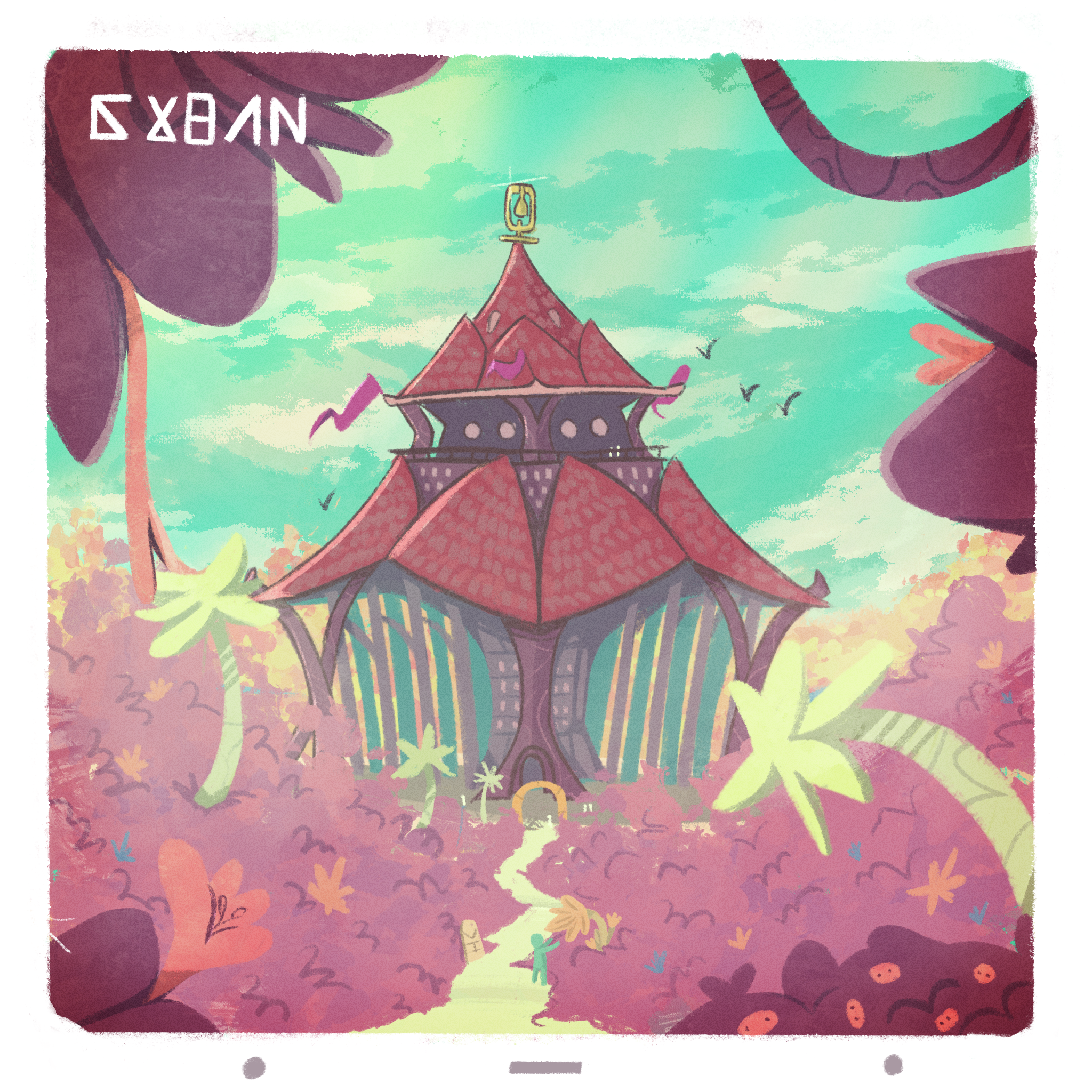 A digital drawing of a large building in the midst of thick foliage. It has pillars supporting its upper floors and pointed red roofs with a bell on the top.