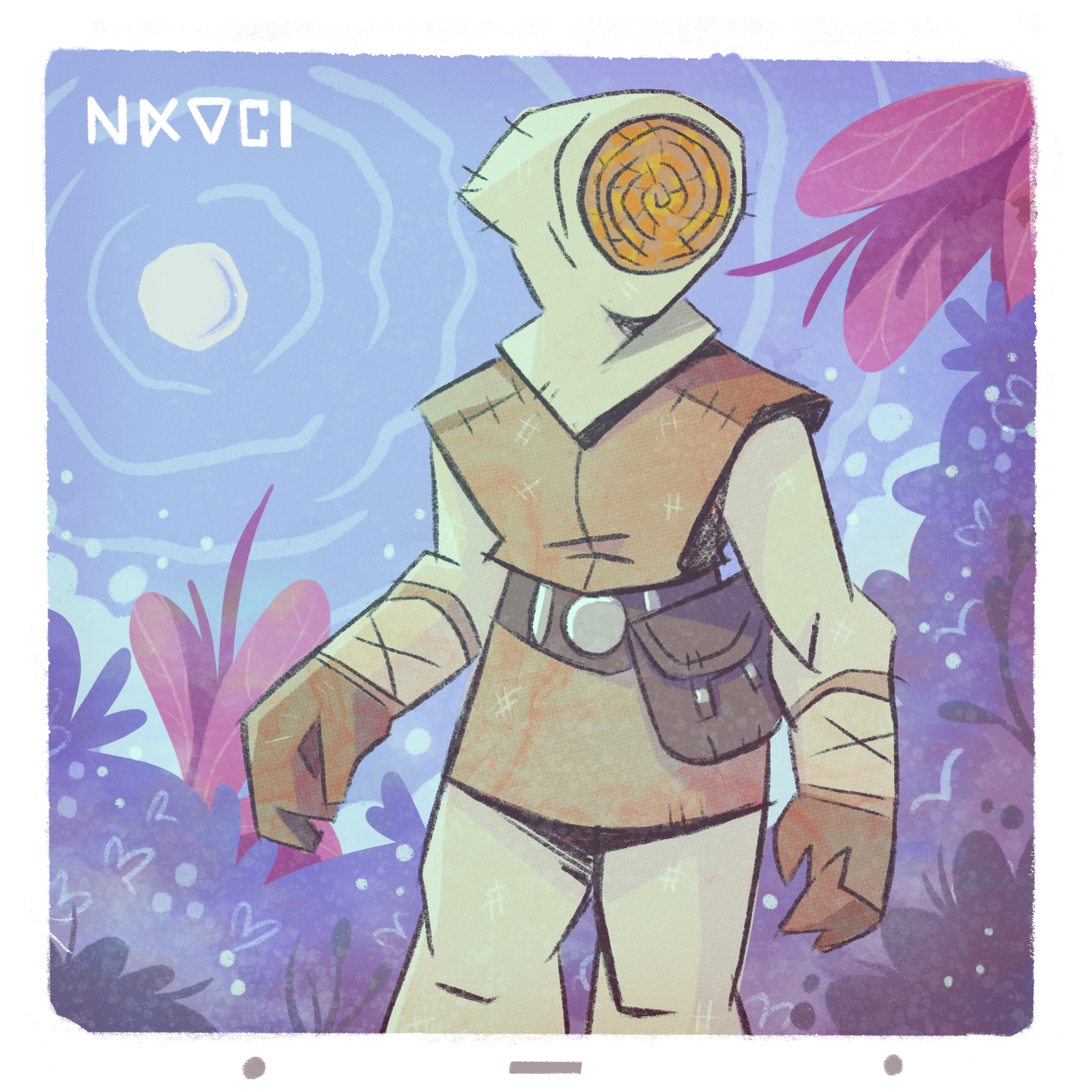 A digital drawing of someone standing in a garden wearing a heavy canvas suit with big mittens and a hood featuring a wicker faceplate obscuring what they look like.