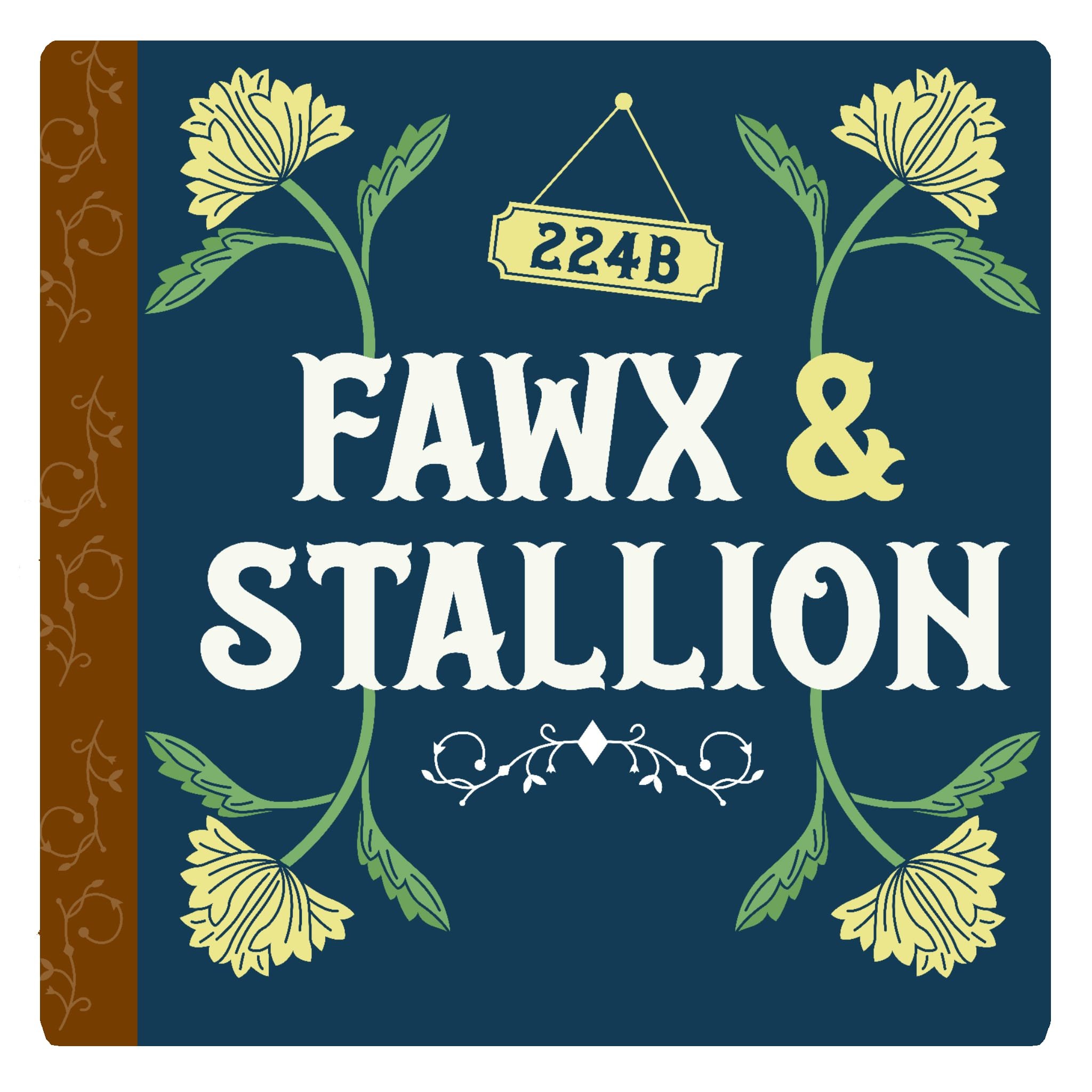 The Fawx &amp; Stallion logo - the name of the show against a background of wallpaper-style florals - edited to look like Travelling Light art 