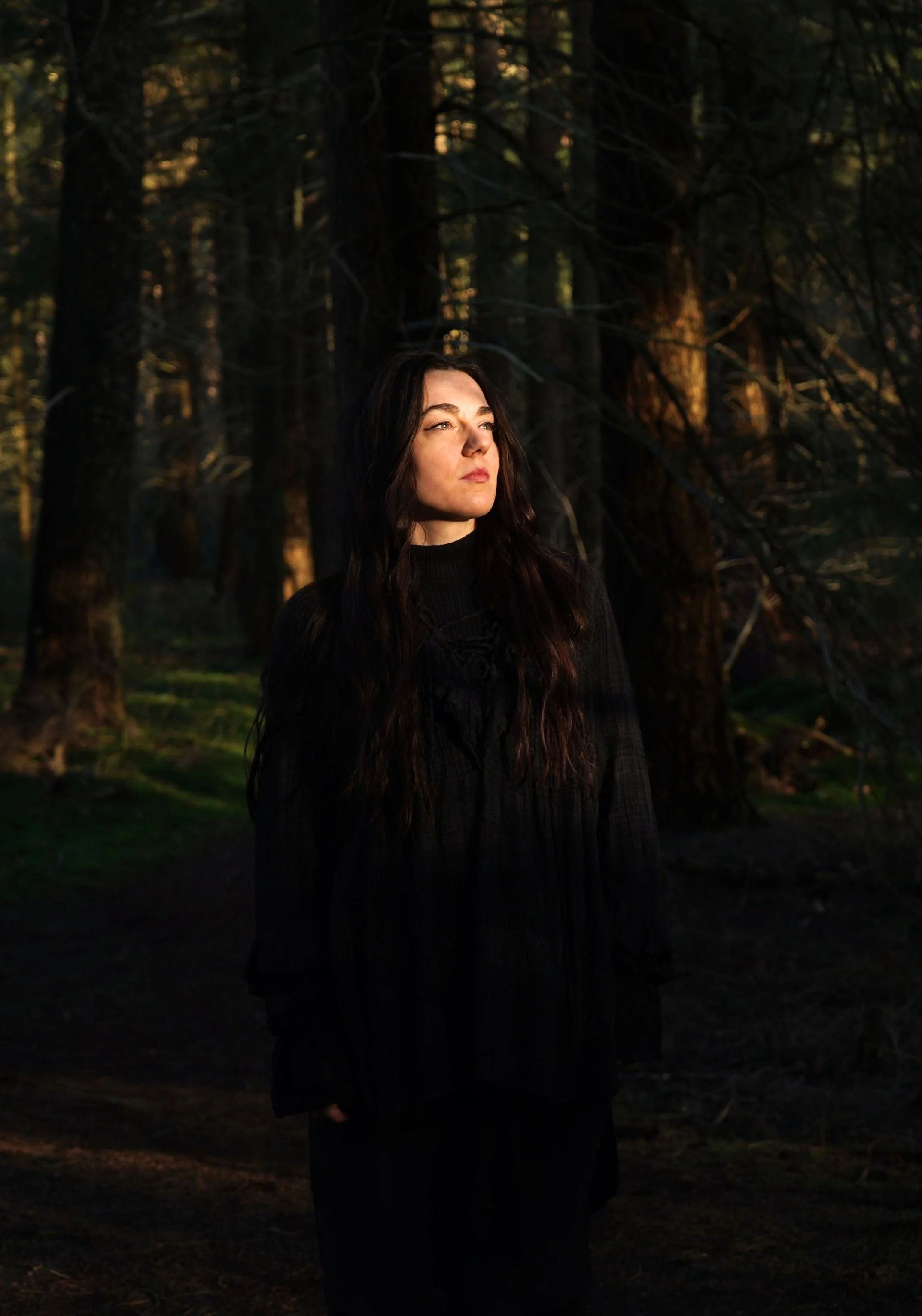 Portret in het bos: vrouw in zwarte kleding in het warme avondlicht